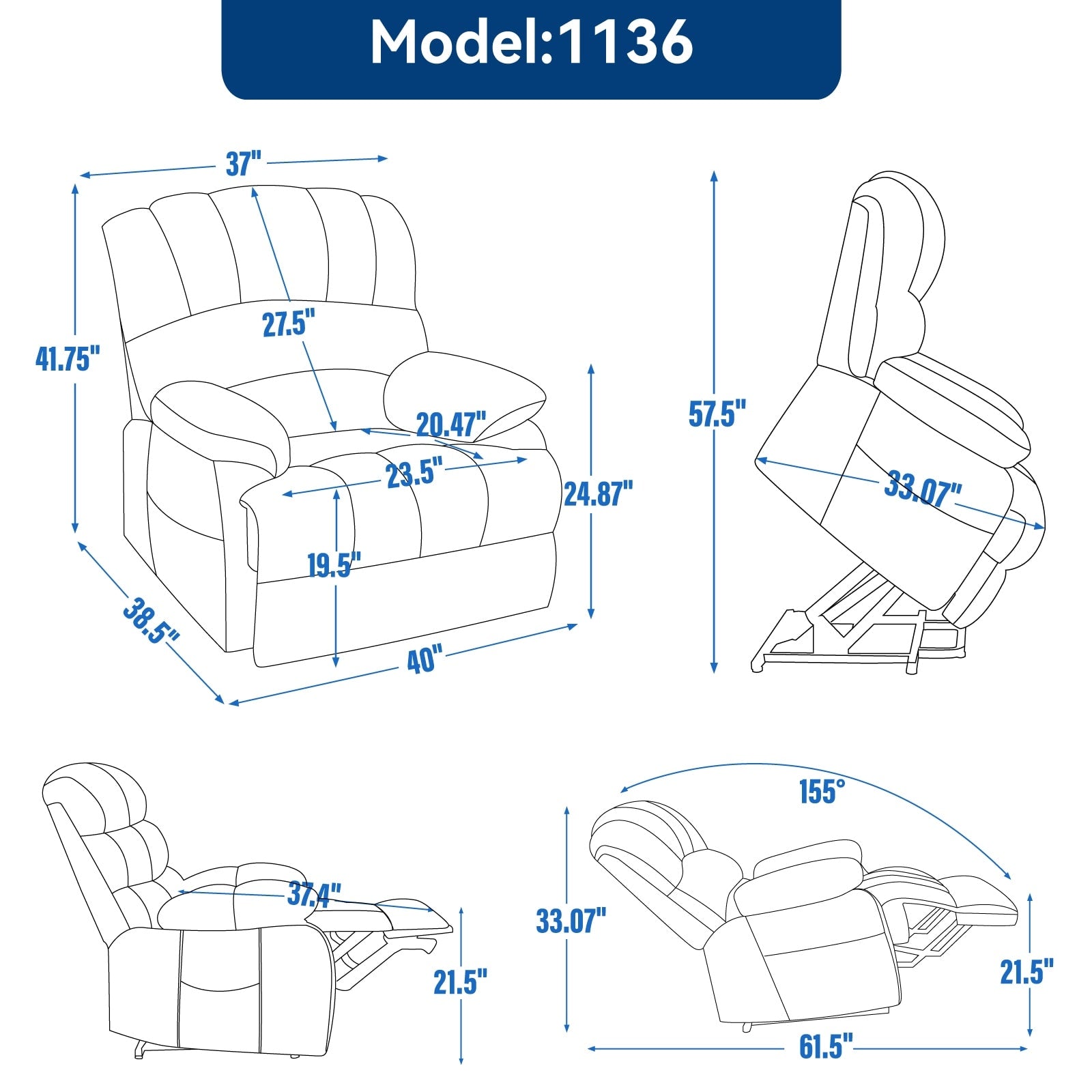 23 Seat Width and High Back Large Size Chenille Power Lift Recliner Chair with 8-Point Vibration Massage and Lumbar Heating