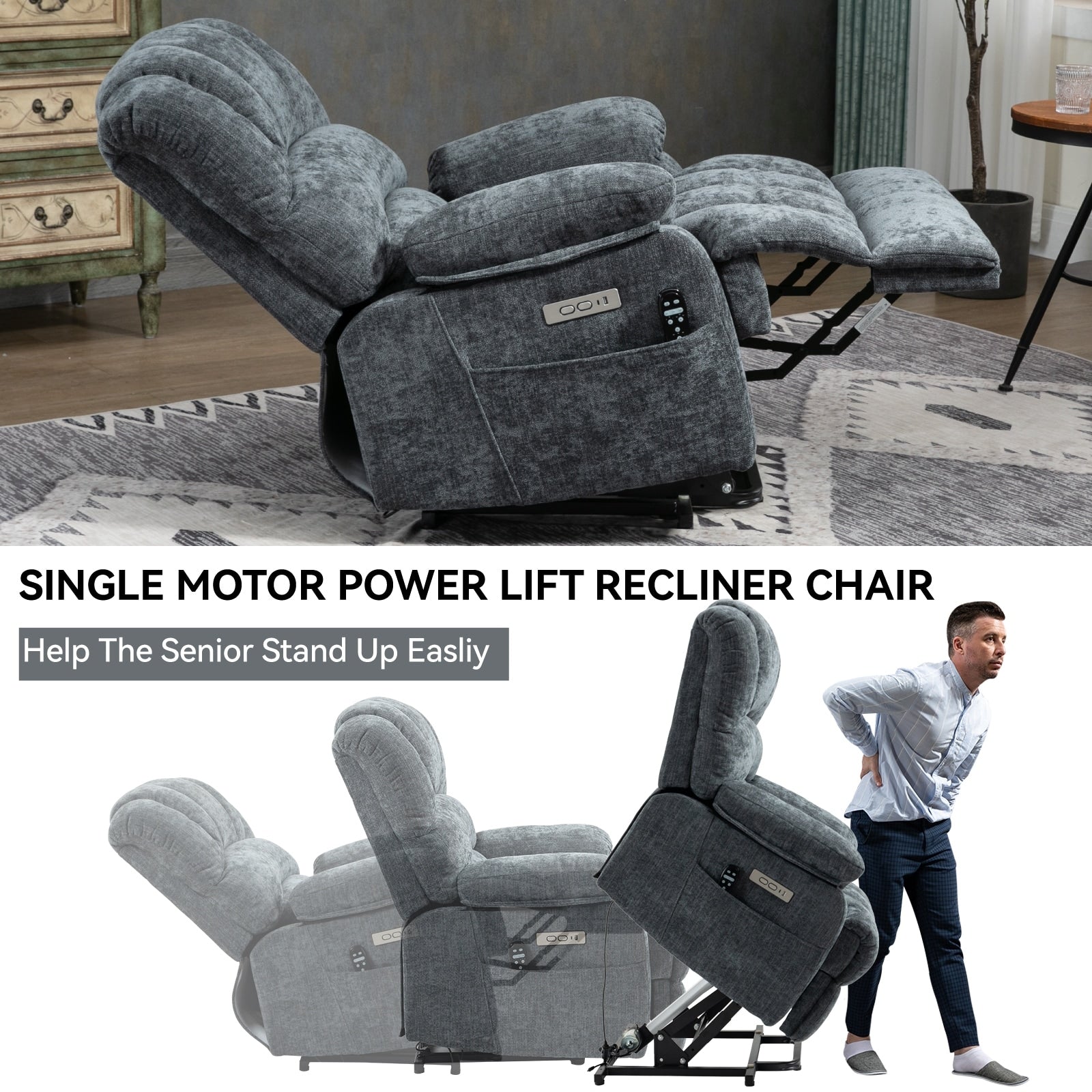 23 Seat Width and High Back Large Size Chenille Power Lift Recliner Chair with 8-Point Vibration Massage and Lumbar Heating