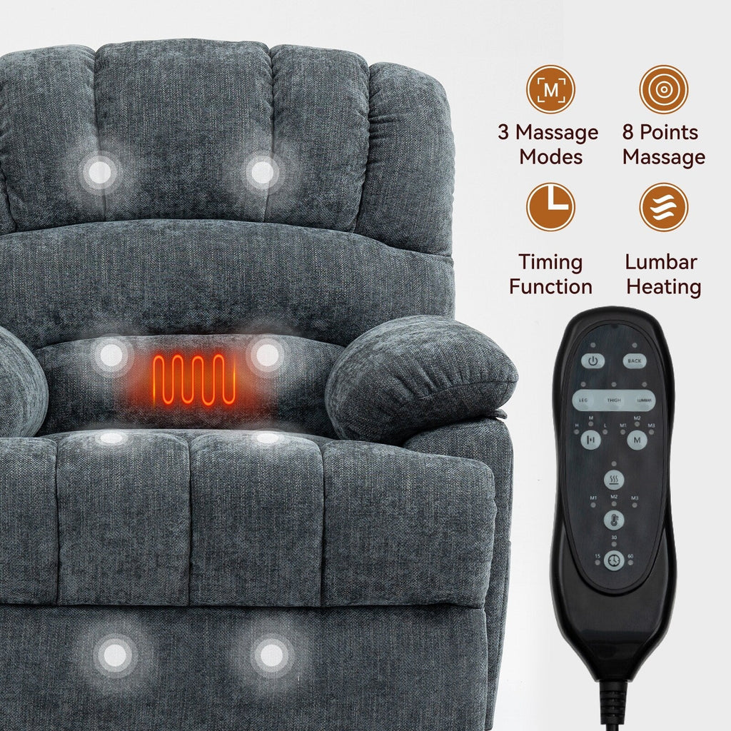 23 Seat Width and High Back Large Size Chenille Power Lift Recliner Chair with 8-Point Vibration Massage and Lumbar Heating