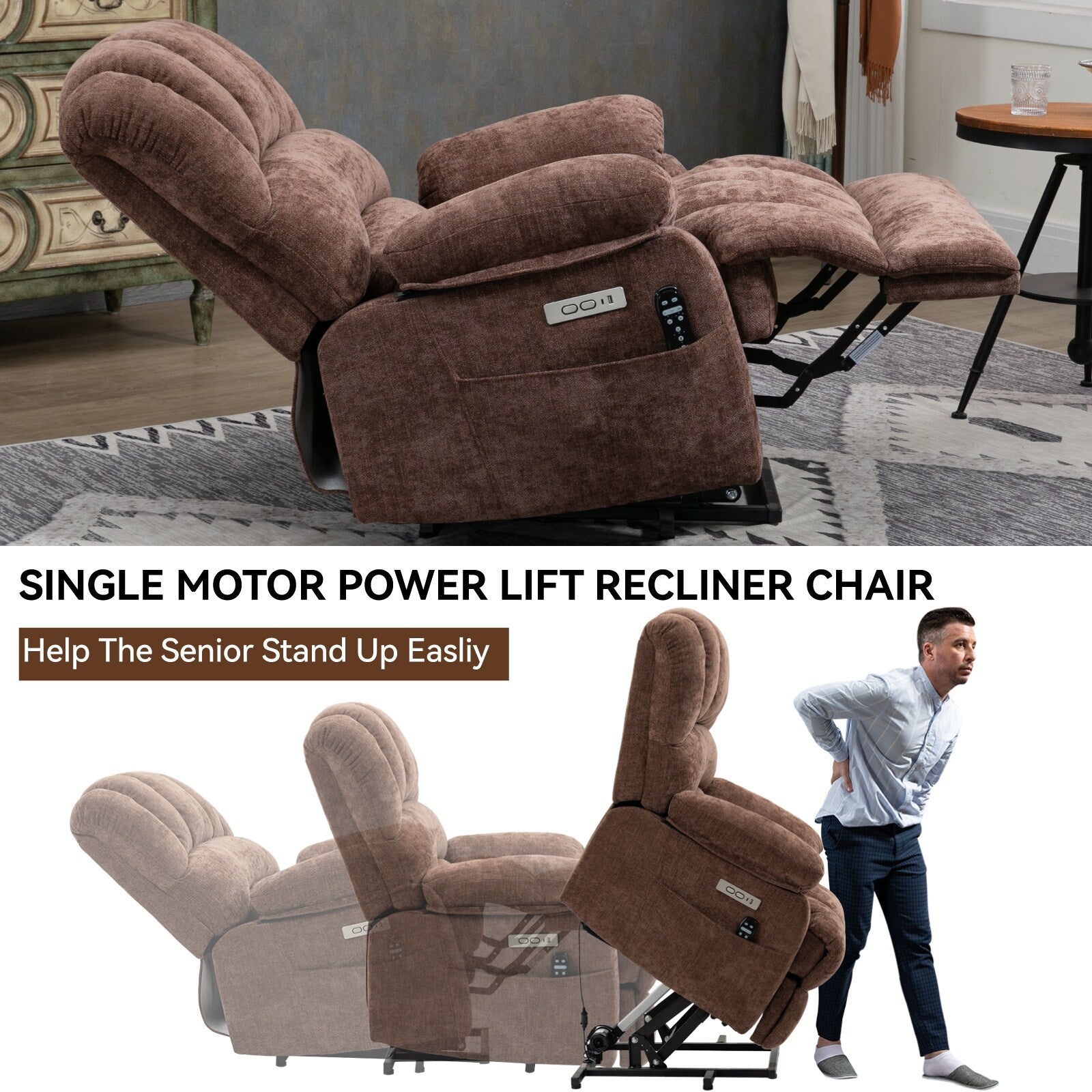 23 Seat Width and High Back Large Size Chenille Power Lift Recliner Chair with 8-Point Vibration Massage and Lumbar Heating