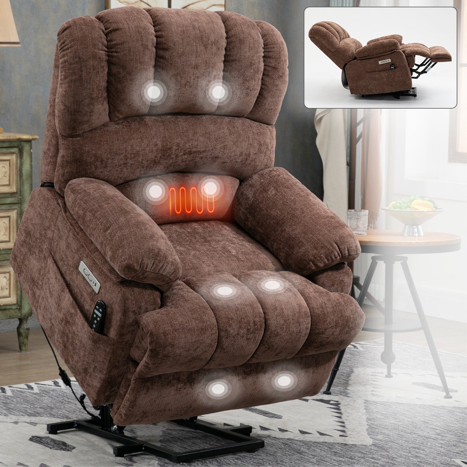 23 Seat Width and High Back Large Size Chenille Power Lift Recliner Chair with 8-Point Vibration Massage and Lumbar Heating