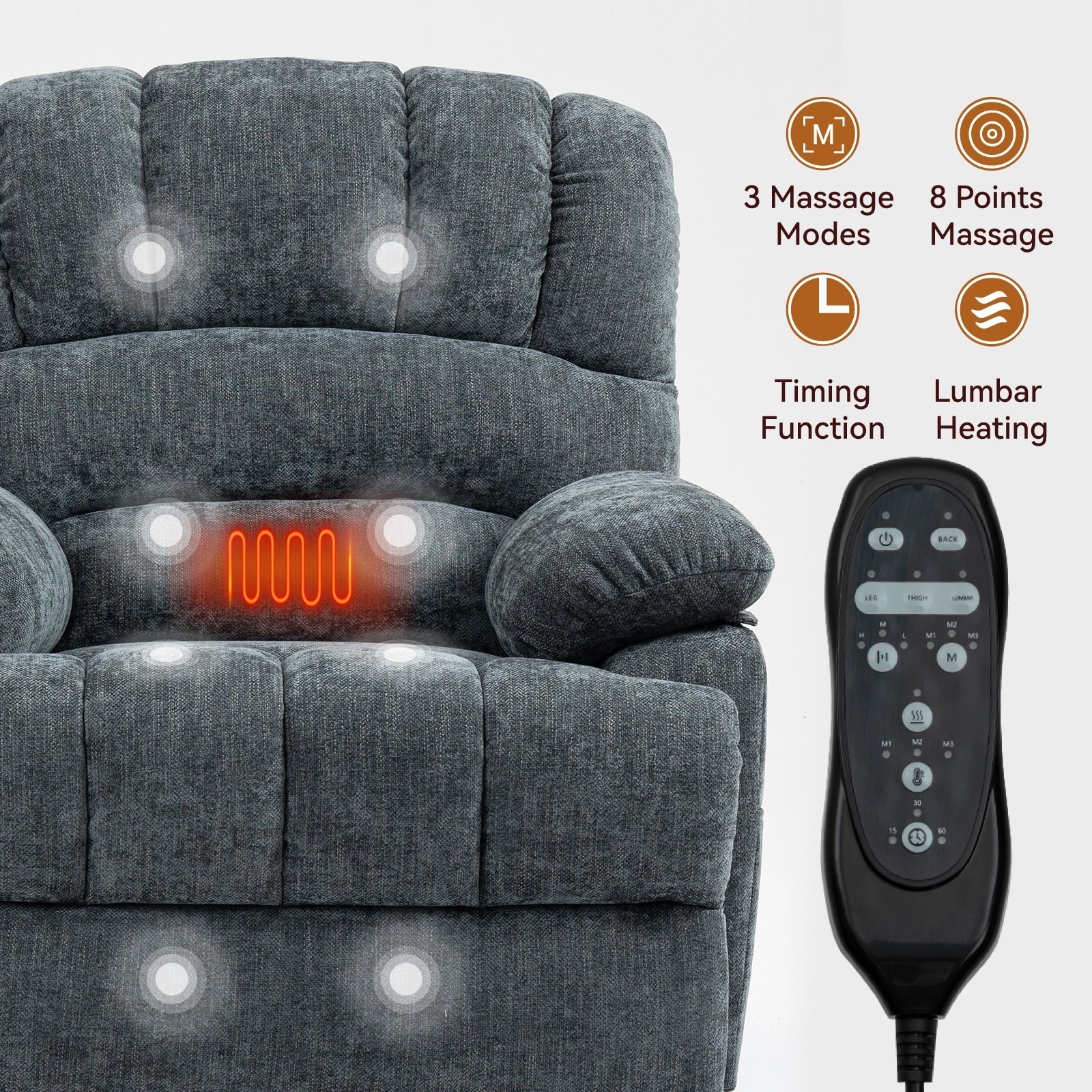23 Seat Width and High Back Large Size Chenille Power Lift Recliner Chair with 8-Point Vibration Massage and Lumbar Heating