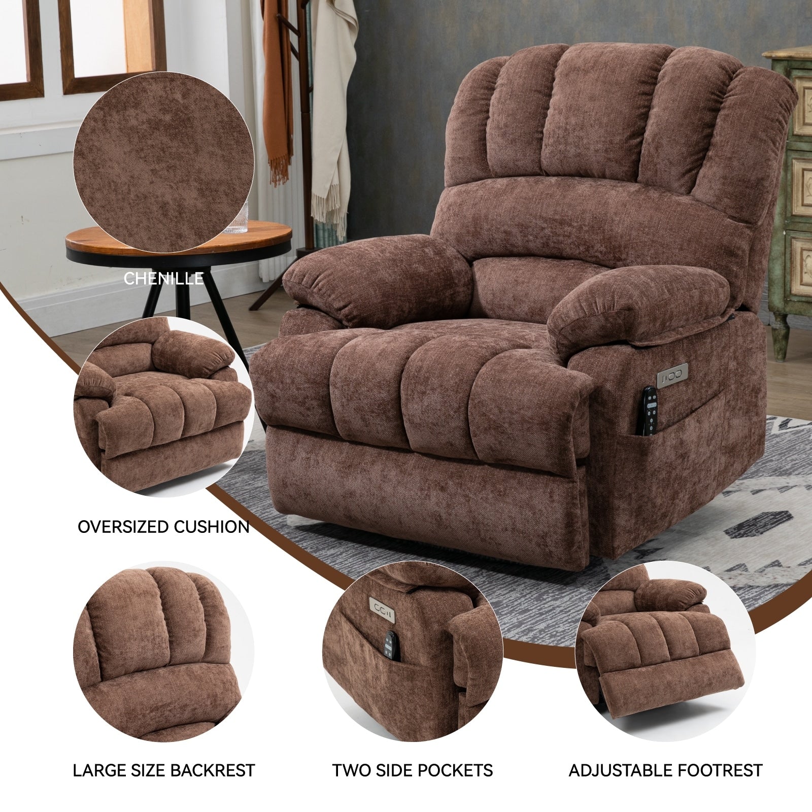 23 Seat Width and High Back Large Size Chenille Power Lift Recliner Chair with 8-Point Vibration Massage and Lumbar Heating