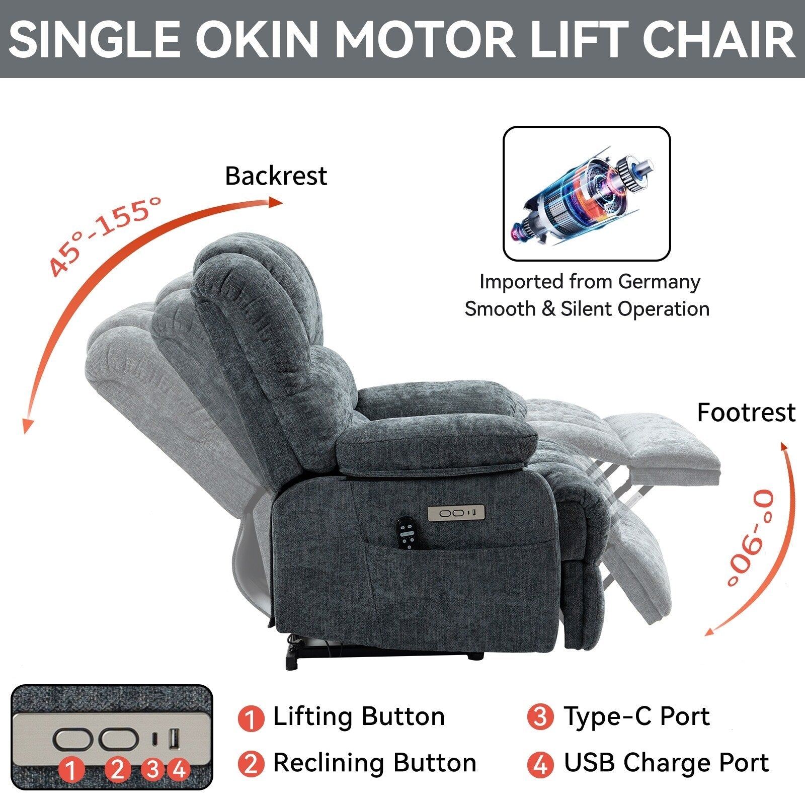 23 Seat Width and High Back Large Size Chenille Power Lift Recliner Chair with 8-Point Vibration Massage and Lumbar Heating