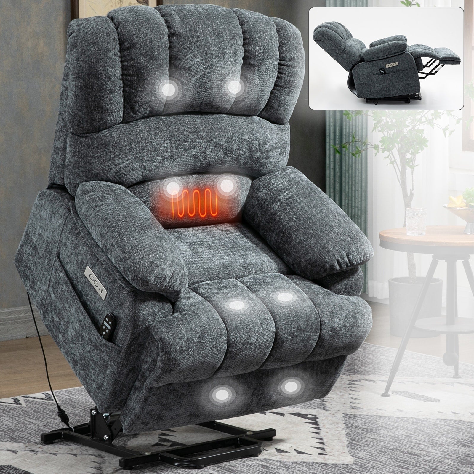 23 Seat Width and High Back Large Size Chenille Power Lift Recliner Chair with 8-Point Vibration Massage and Lumbar Heating