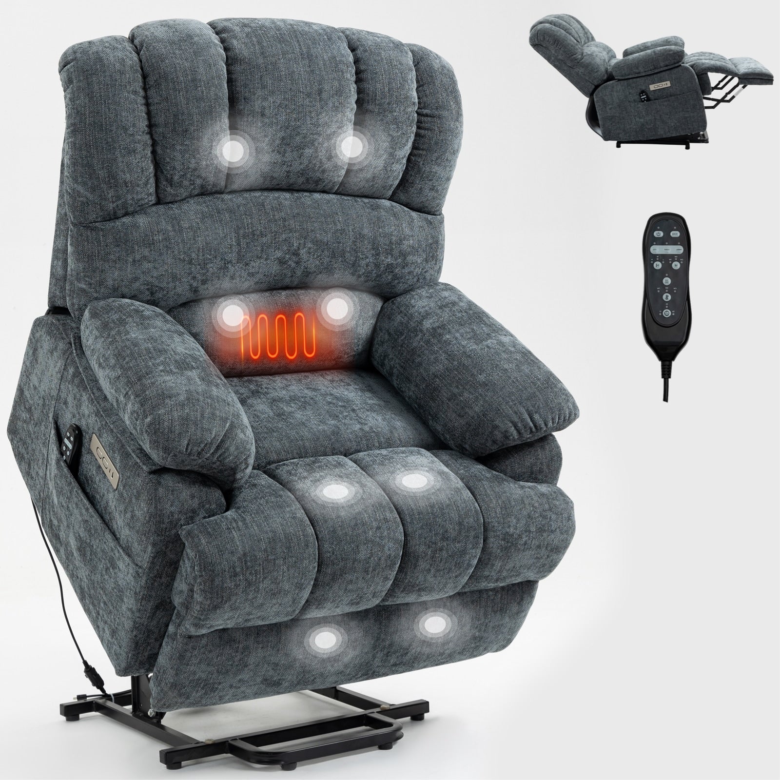23 Seat Width and High Back Large Size Chenille Power Lift Recliner Chair with 8-Point Vibration Massage and Lumbar Heating