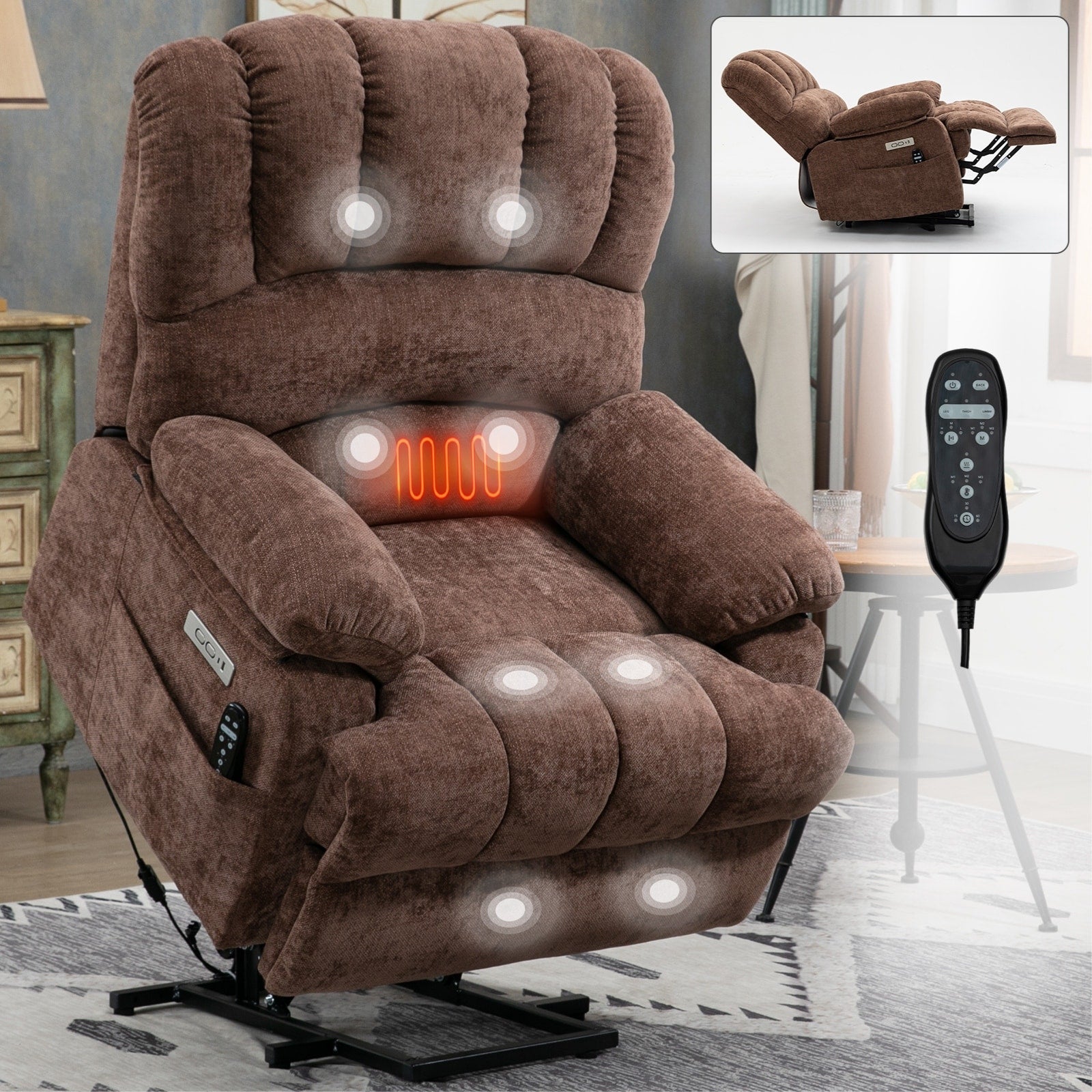 23 Seat Width and High Back Large Size Chenille Power Lift Recliner Chair with 8-Point Vibration Massage and Lumbar Heating