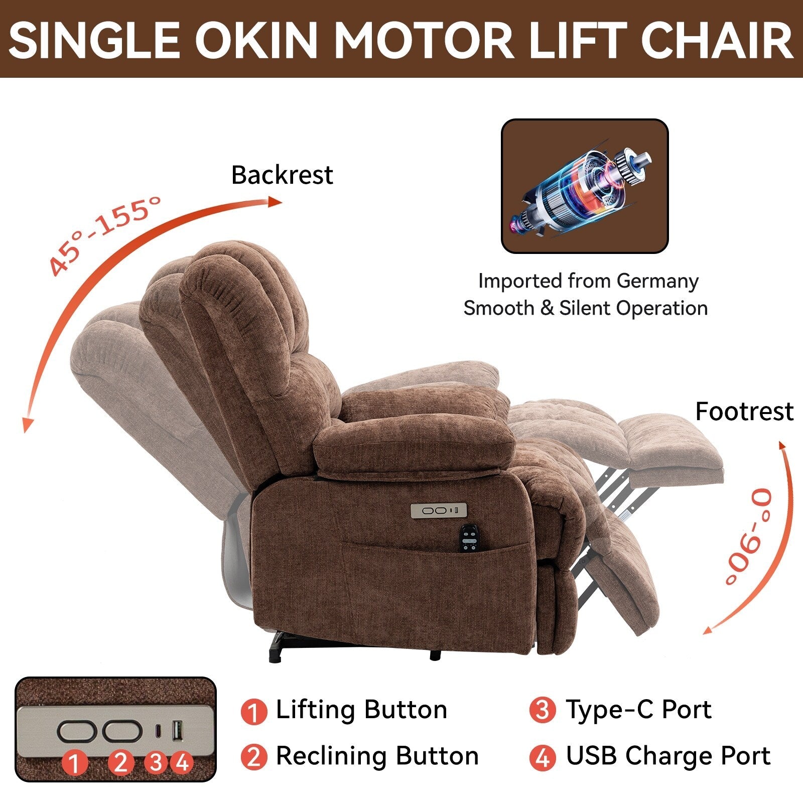 23 Seat Width and High Back Large Size Chenille Power Lift Recliner Chair with 8-Point Vibration Massage and Lumbar Heating