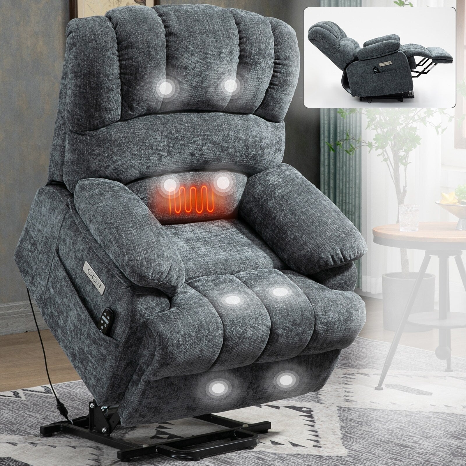 23 Seat Width and High Back Large Size Chenille Power Lift Recliner Chair with 8-Point Vibration Massage and Lumbar Heating