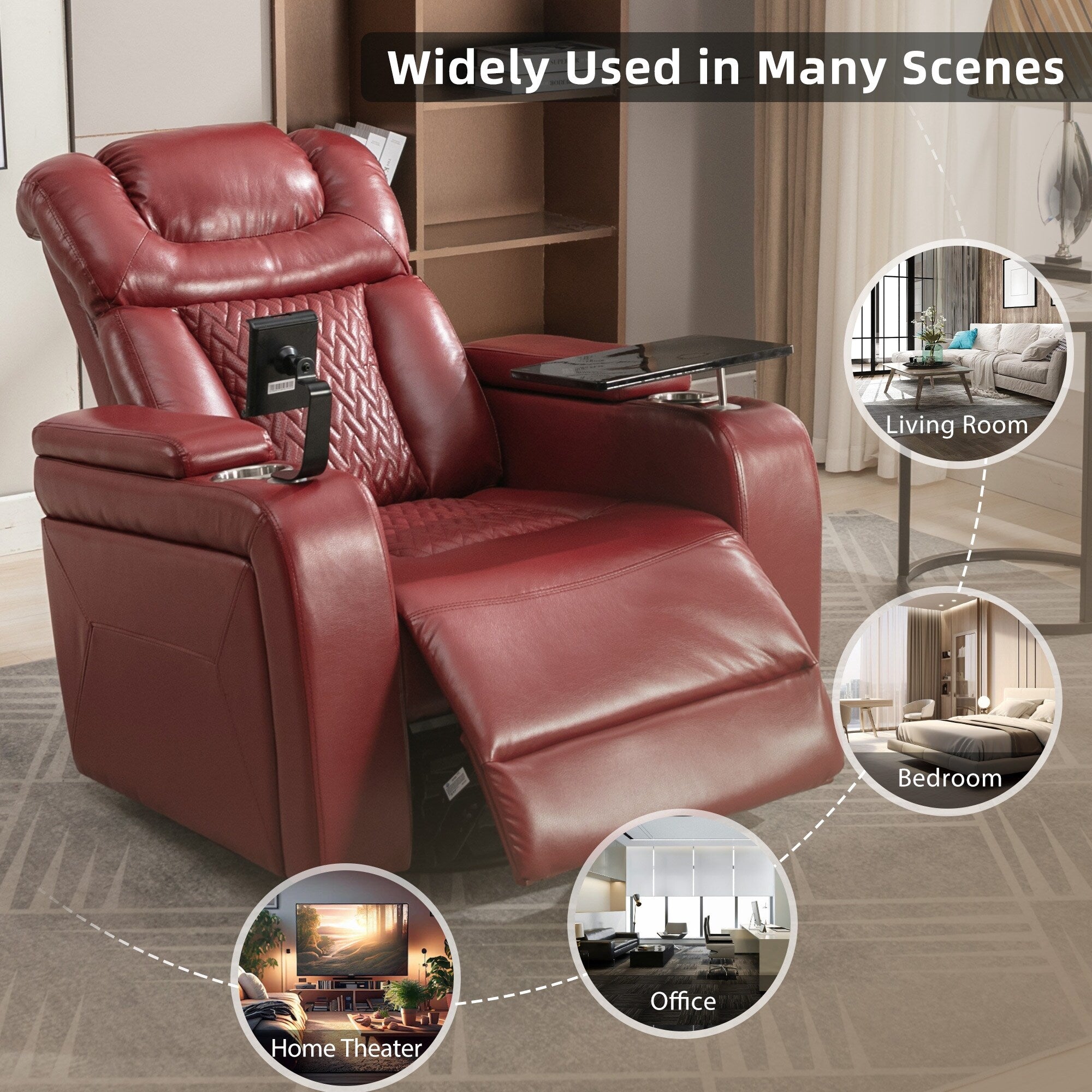 270 Degree Swivel PU Leather Power Recliner Individual Seat Home Theater Recliner with Comforable Backrest, Tray Table