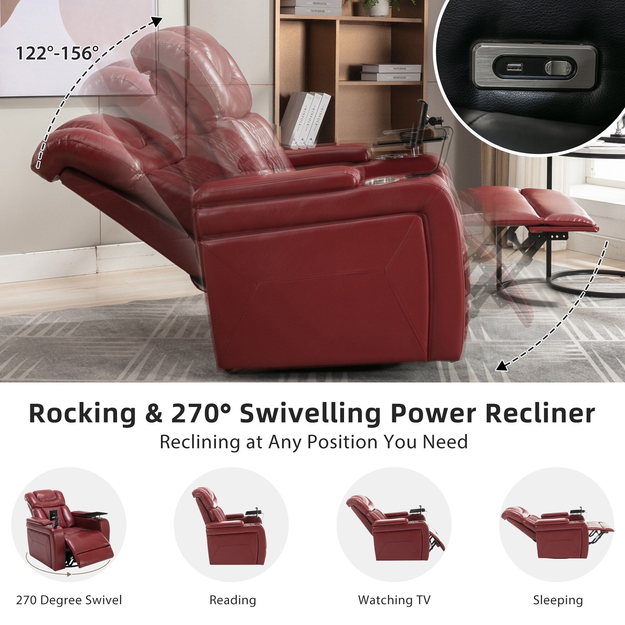 270 Degree Swivel PU Leather Power Recliner Individual Seat Home Theater Recliner with Comforable Backrest, Tray Table