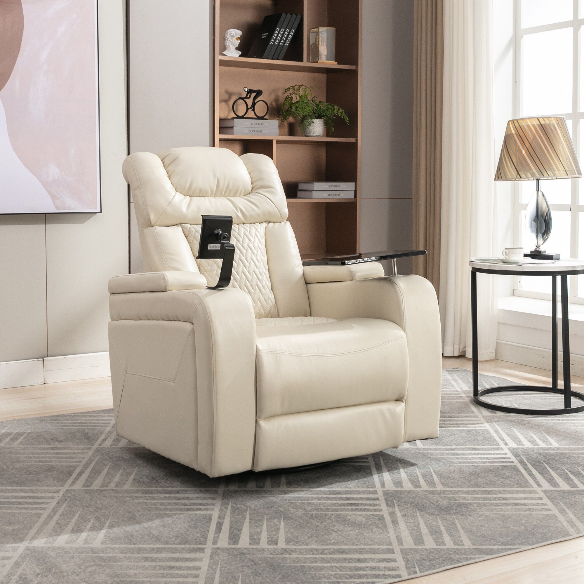 270 Degree Swivel PU Leather Power Recliner Individual Seat Home Theater Recliner with Comforable Backrest, Tray Table