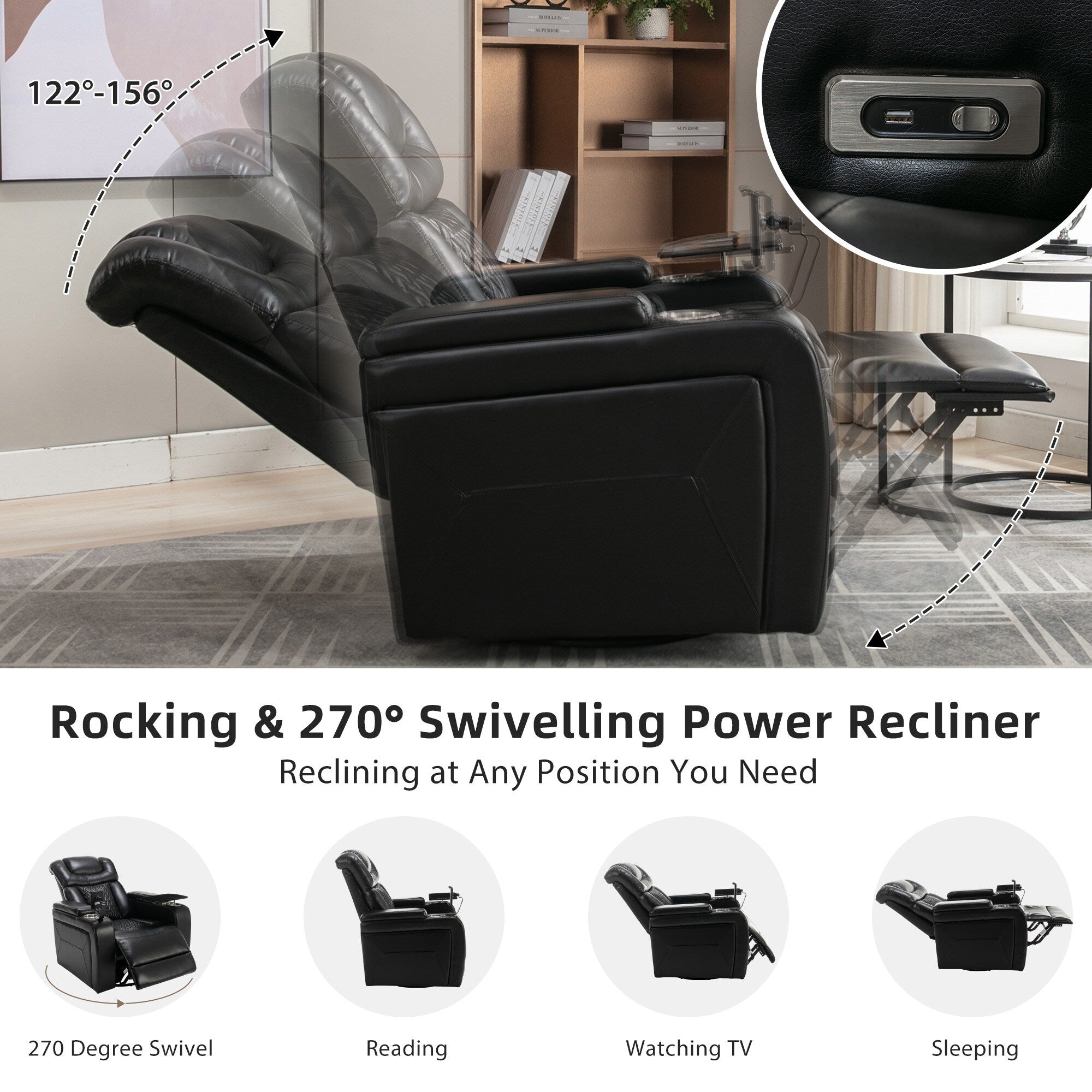 270 Degree Swivel PU Leather Power Recliner Individual Seat Home Theater Recliner with Comforable Backrest, Tray Table
