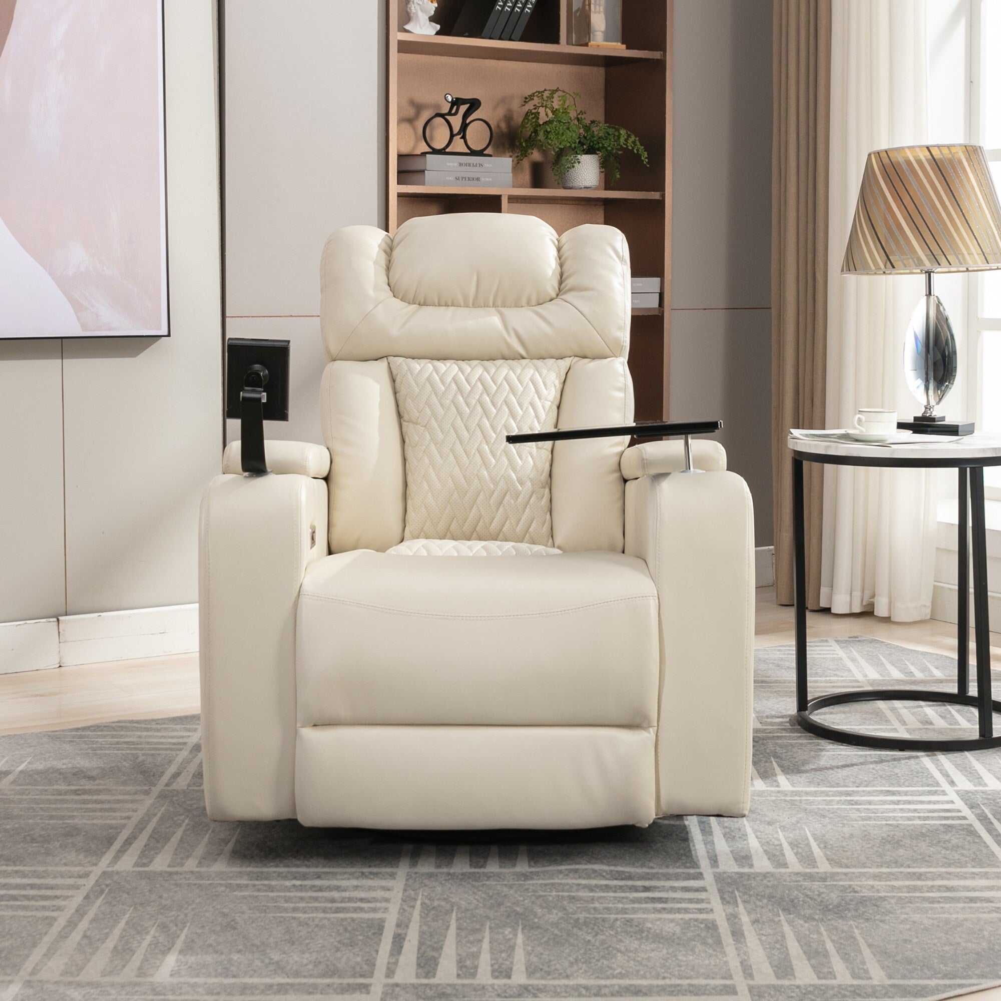 270 Degree Swivel PU Leather Power Recliner Individual Seat Home Theater Recliner with Comforable Backrest, Tray Table