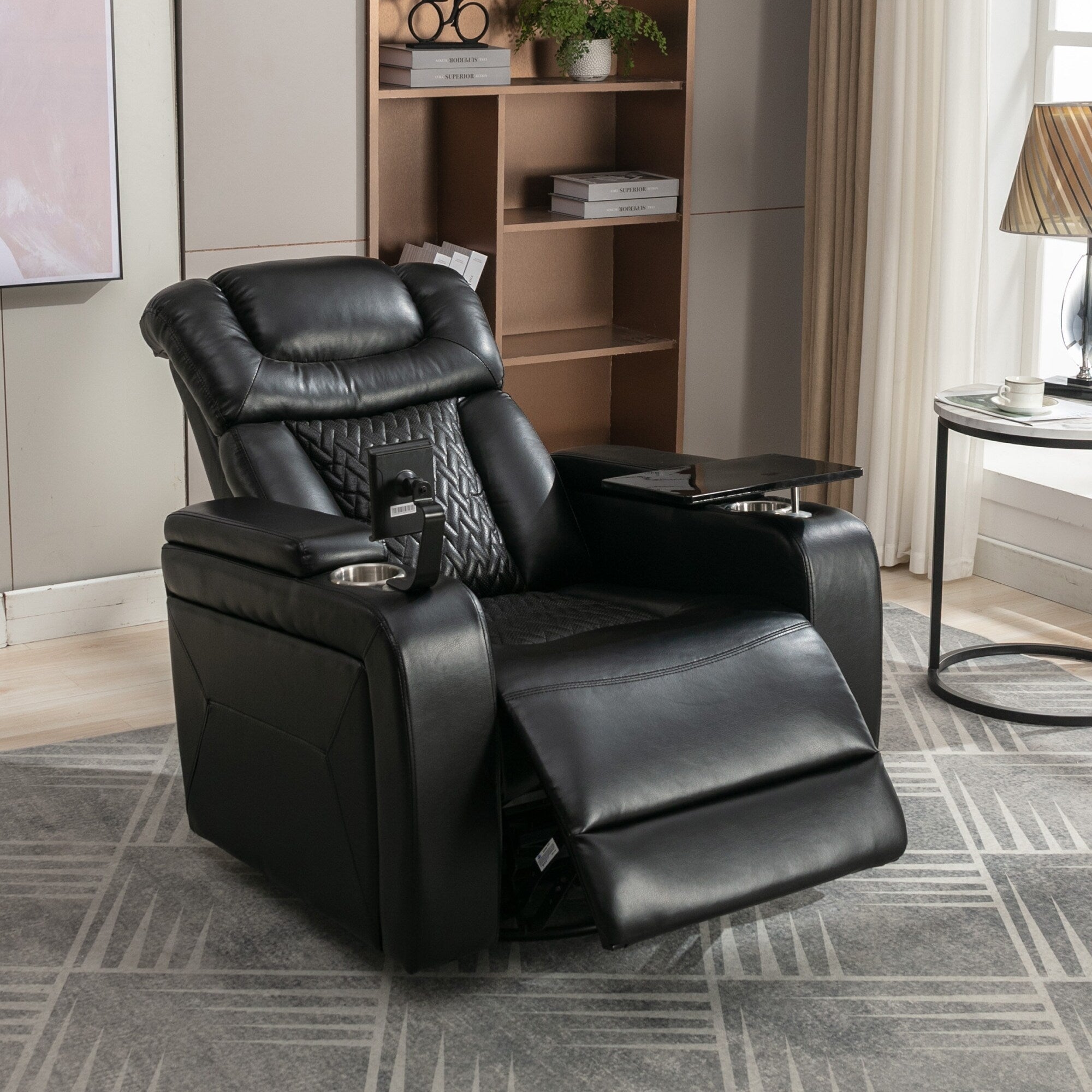 270 Degree Swivel PU Leather Power Recliner Individual Seat Home Theater Recliner with Comforable Backrest, Tray Table