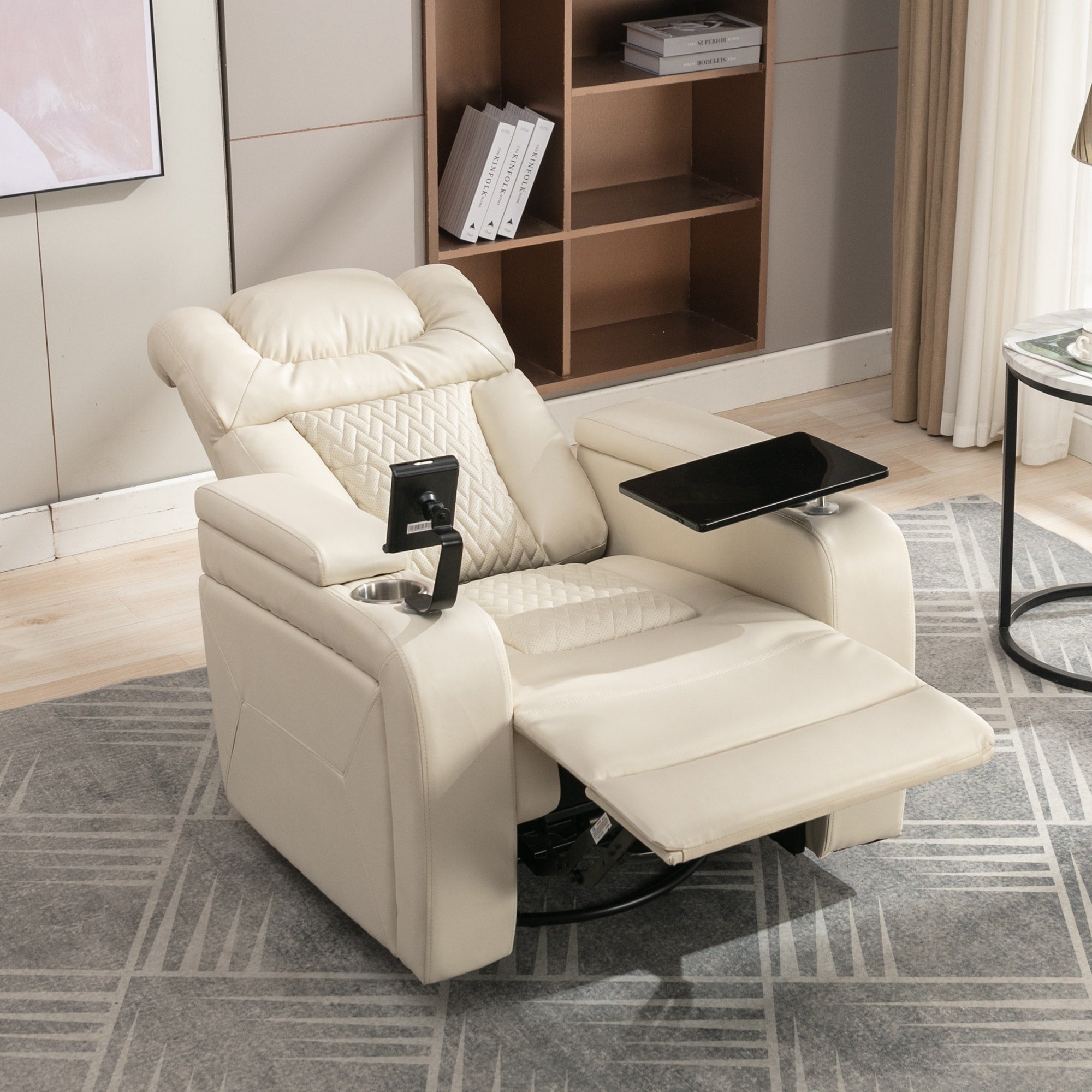 270 Degree Swivel PU Leather Power Recliner Individual Seat Home Theater Recliner with Comforable Backrest, Tray Table