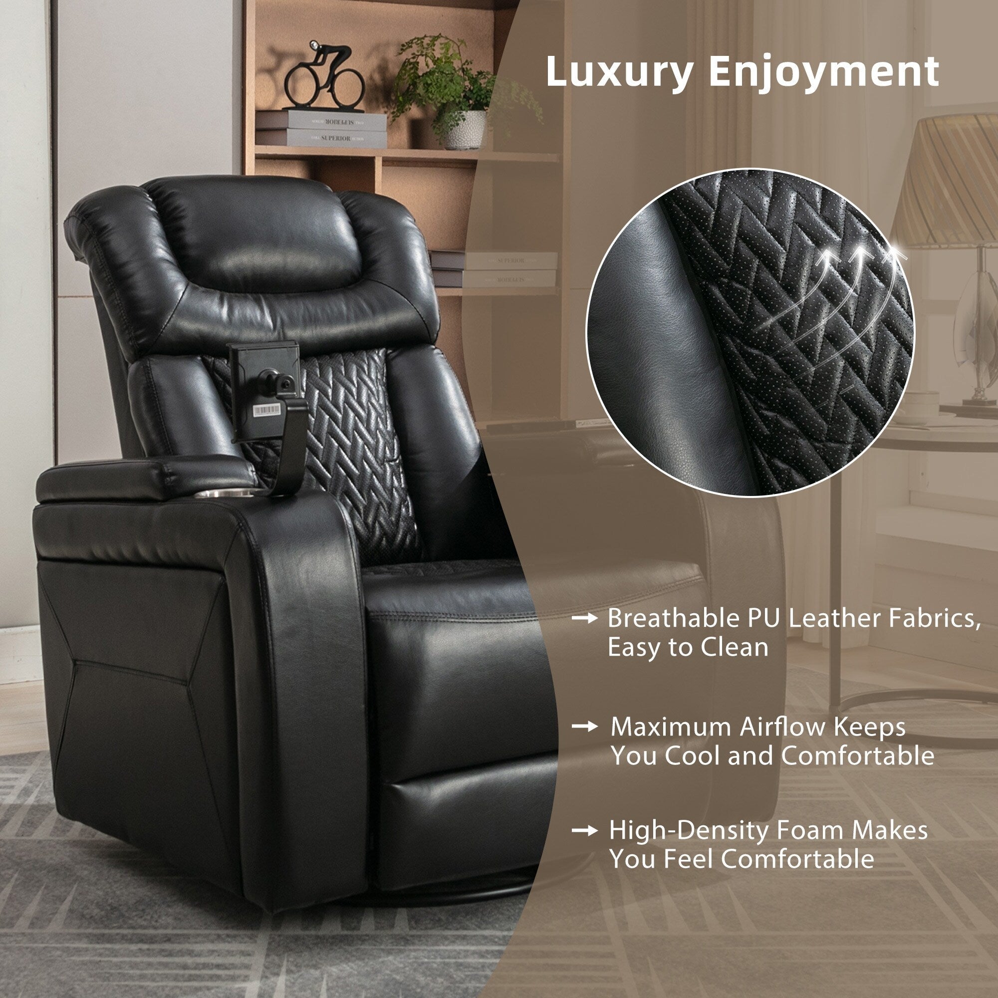 270 Degree Swivel PU Leather Power Recliner Individual Seat Home Theater Recliner with Comforable Backrest, Tray Table