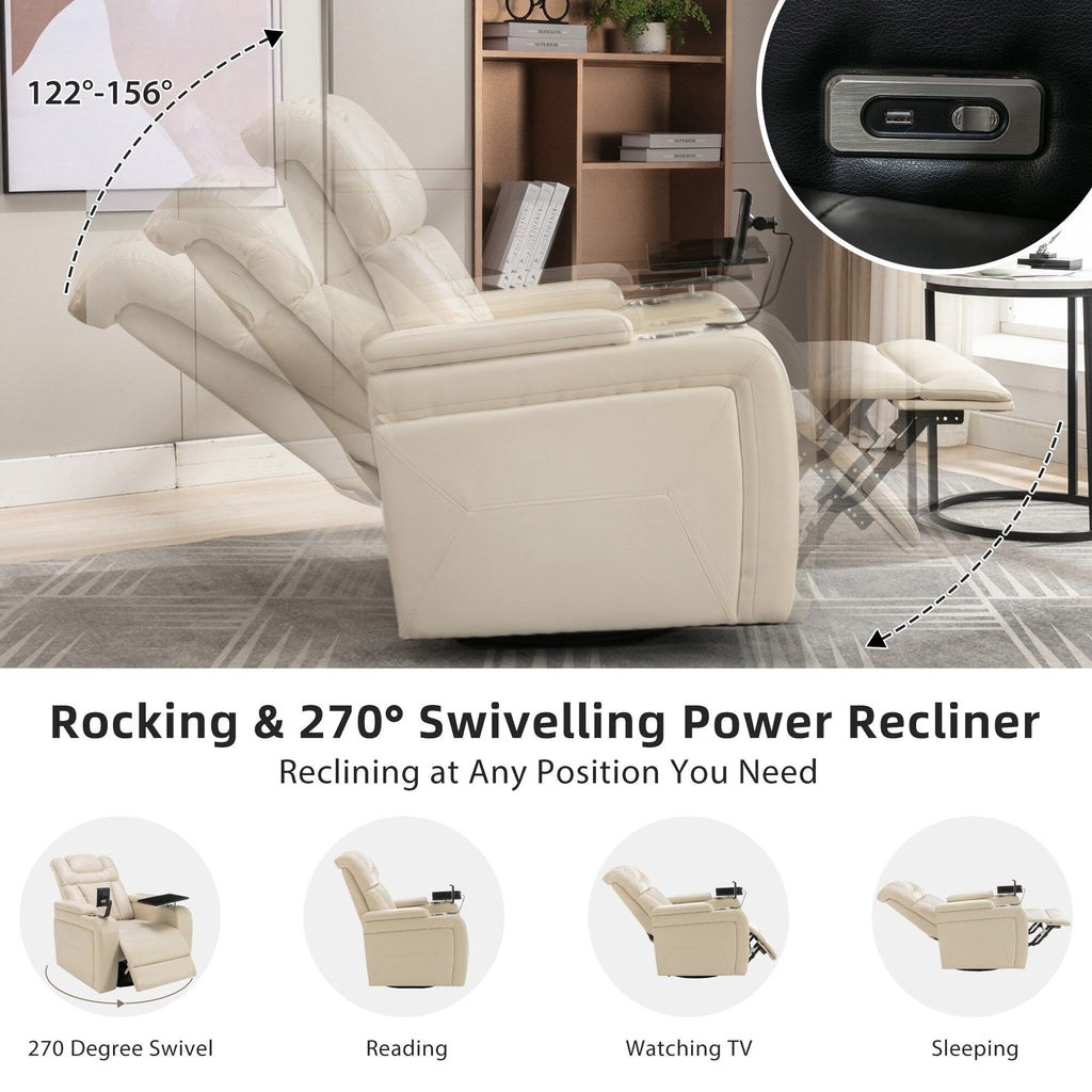 270 Degree Swivel PU Leather Power Recliner Individual Seat Home Theater Recliner with Comforable Backrest, Tray Table