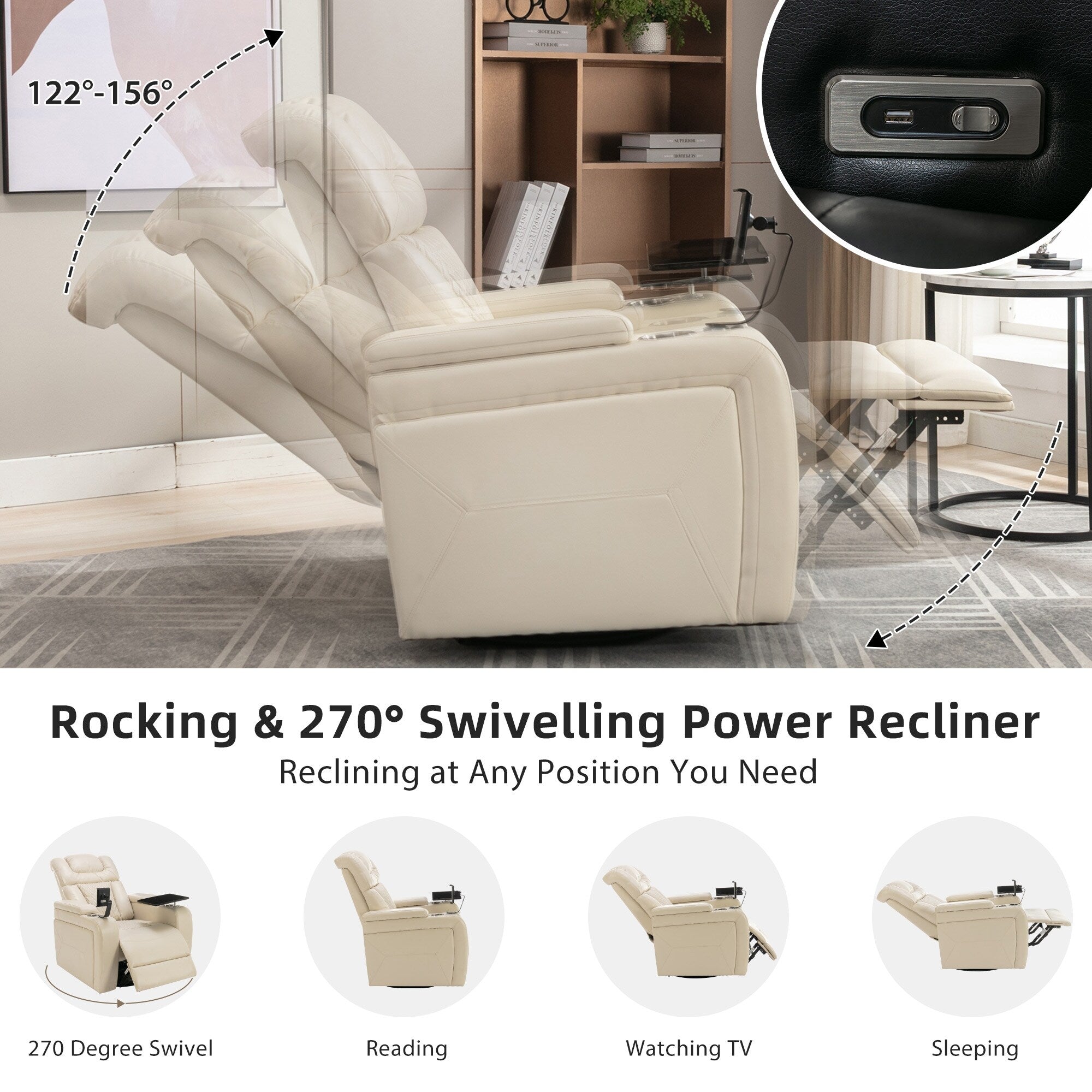 270 Degree Swivel PU Leather Power Recliner Individual Seat Home Theater Recliner with Comforable Backrest, Tray Table