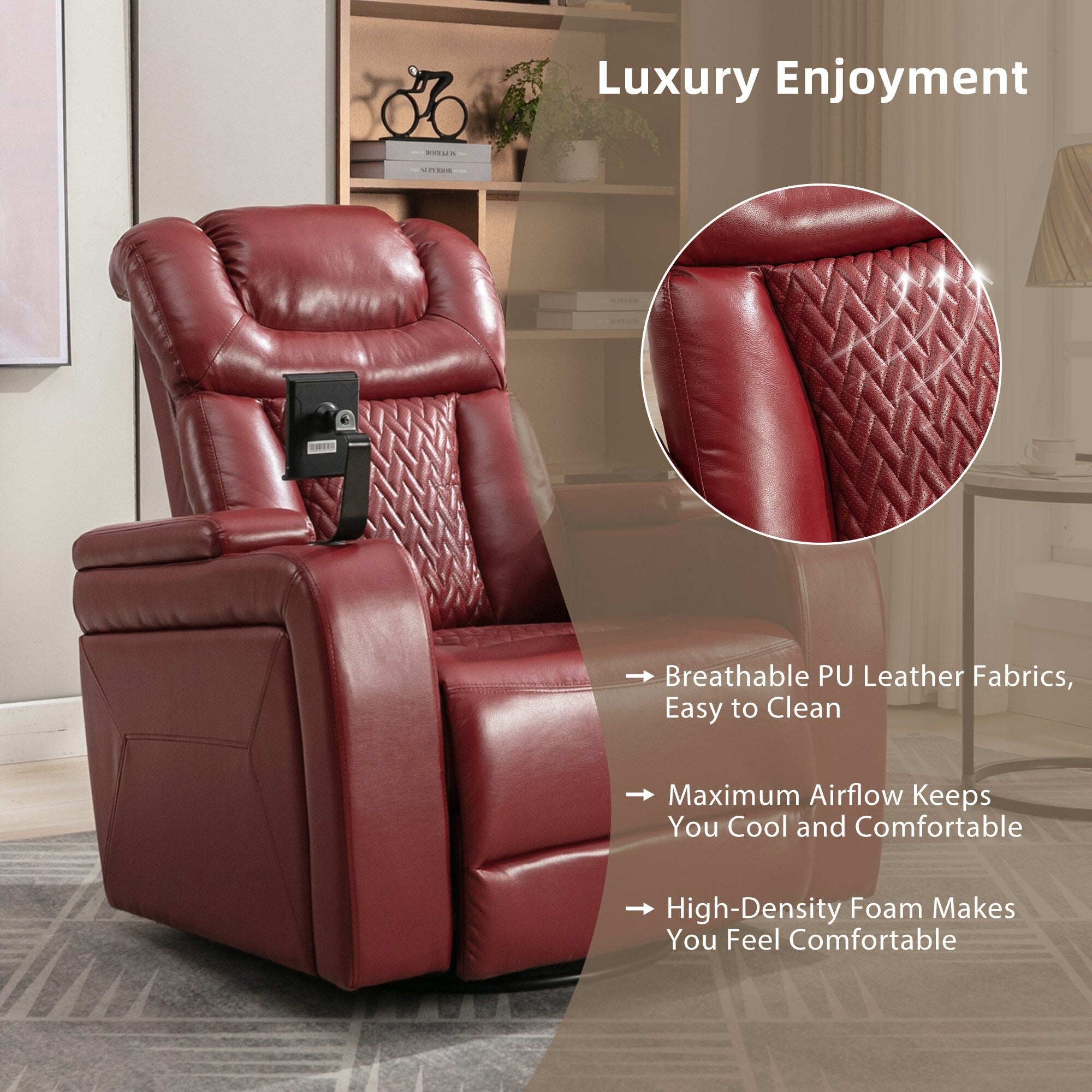 270 Degree Swivel PU Leather Power Recliner Individual Seat Home Theater Recliner with Comforable Backrest, Tray Table
