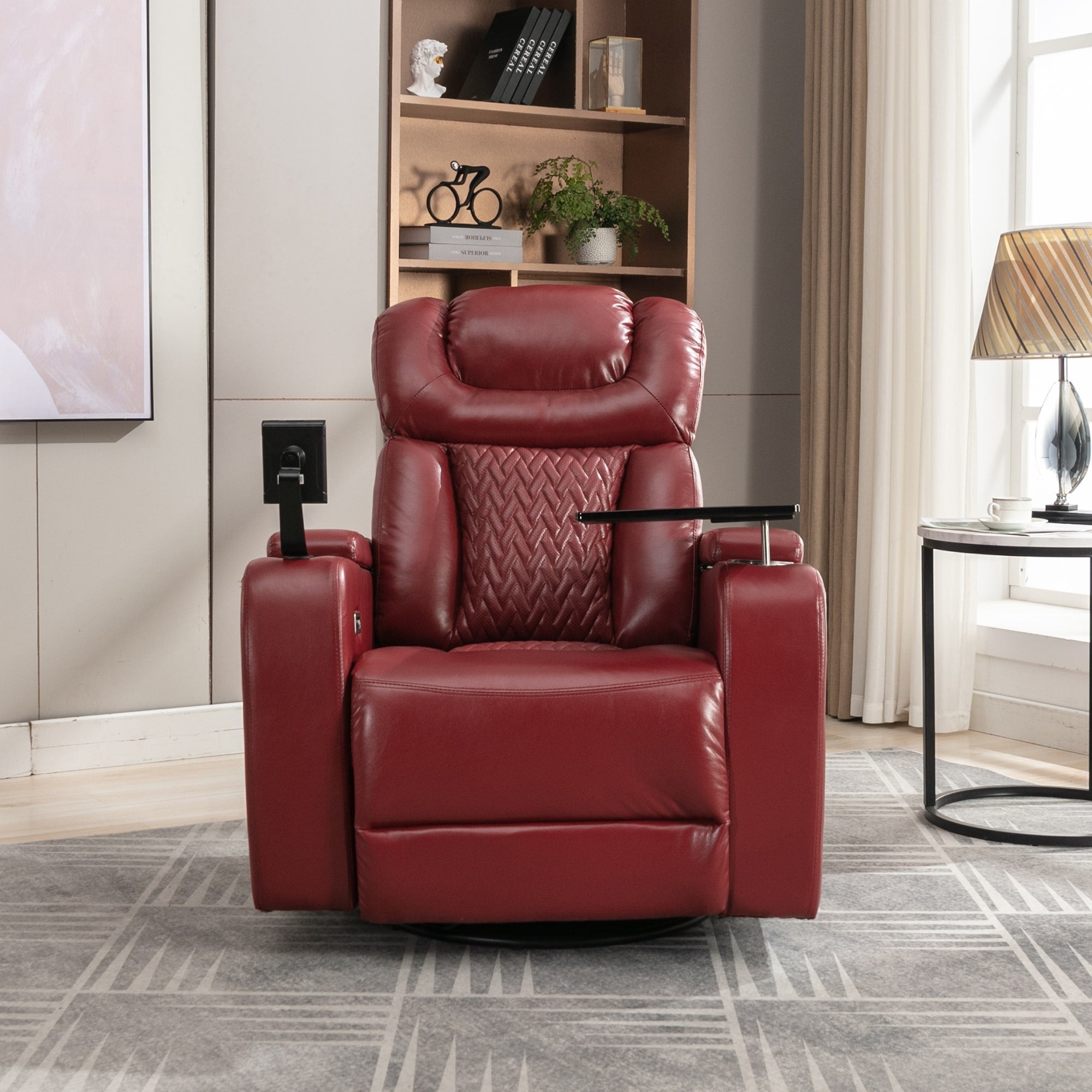 270 Degree Swivel PU Leather Power Recliner Individual Seat Home Theater Recliner with Comforable Backrest, Tray Table