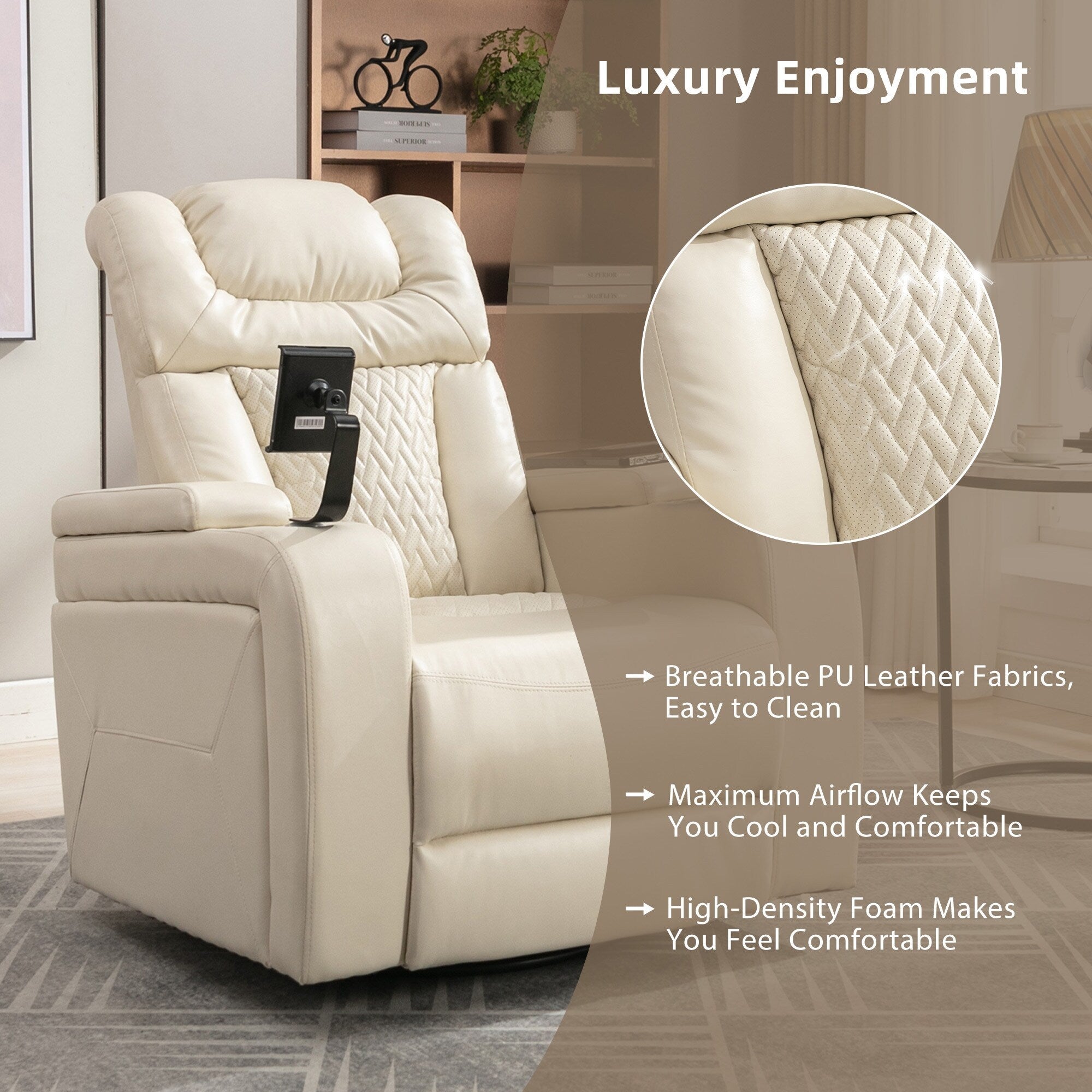 270 Degree Swivel PU Leather Power Recliner Individual Seat Home Theater Recliner with Comforable Backrest, Tray Table