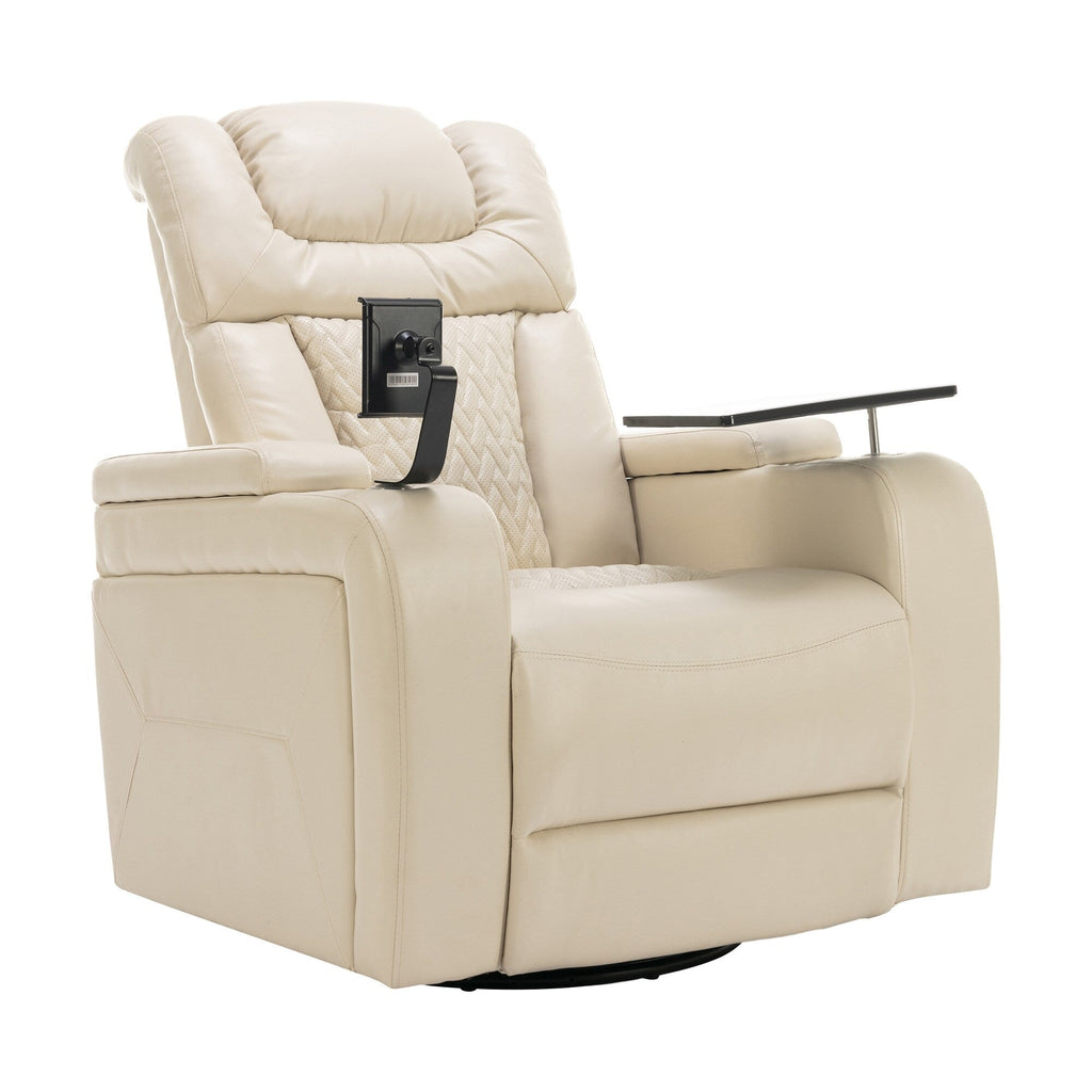 270 Degree Swivel PU Leather Power Recliner Individual Seat Home Theater Recliner with Comforable Backrest, Tray Table