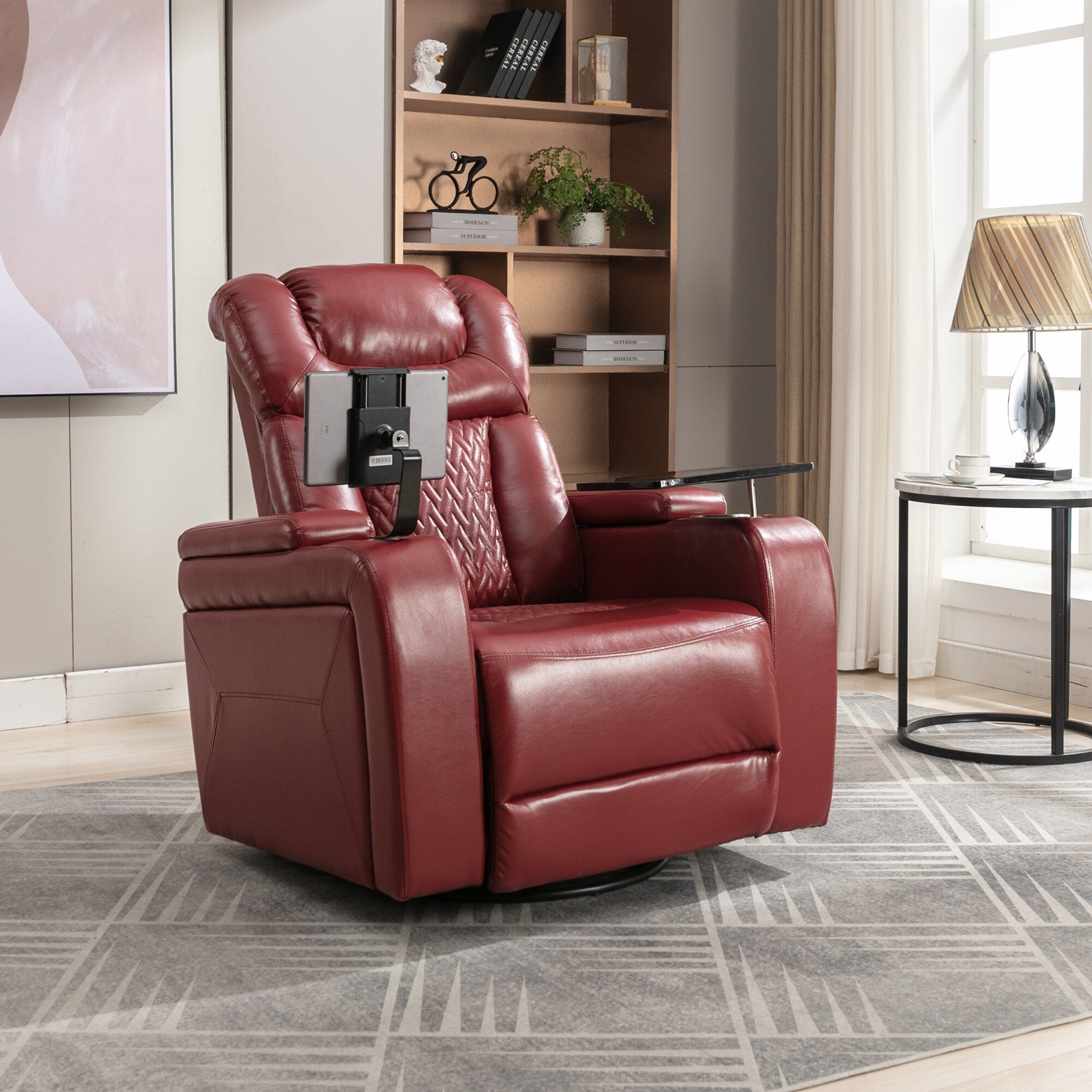270 Degree Swivel PU Leather Power Recliner Individual Seat Home Theater Recliner with Comforable Backrest, Tray Table