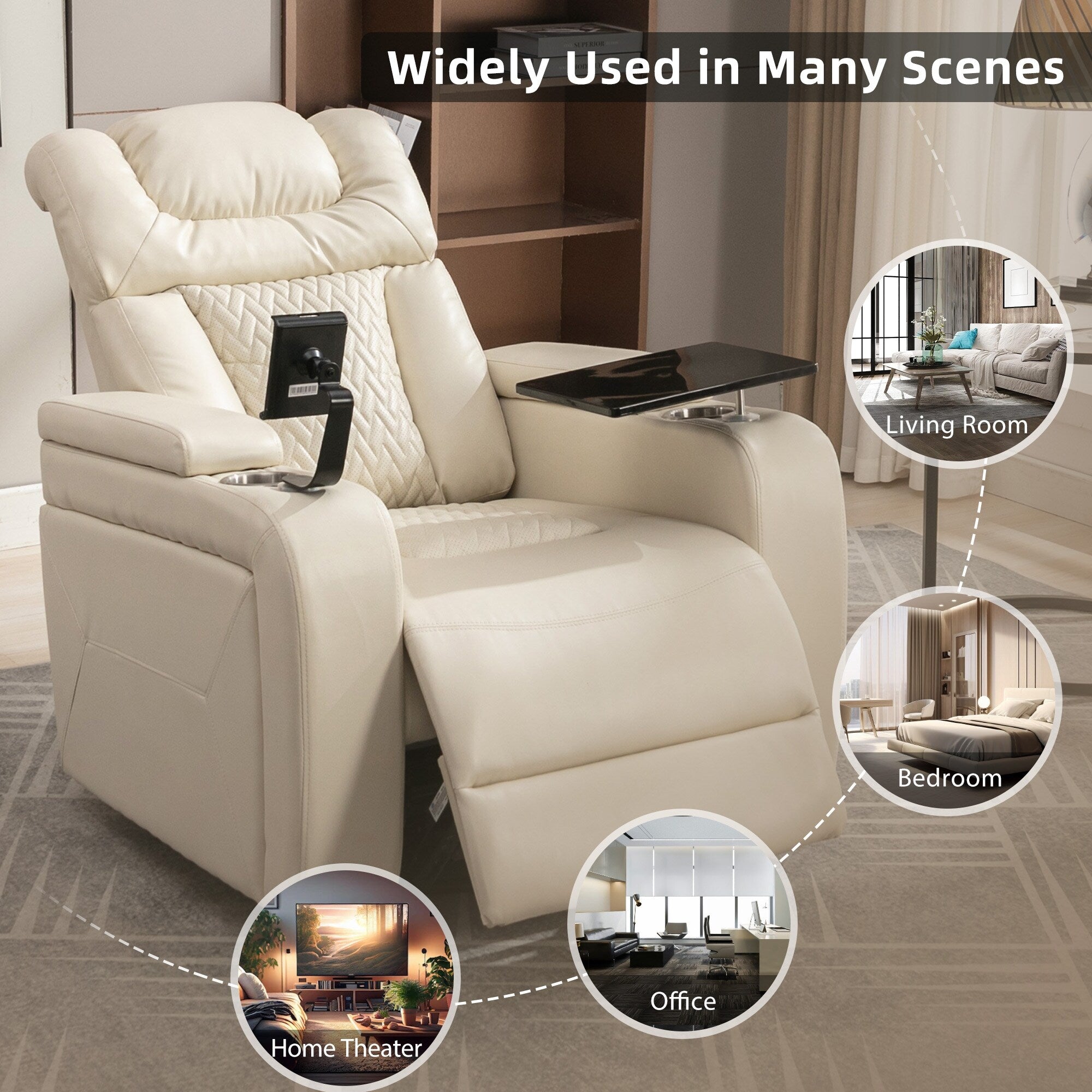 270 Degree Swivel PU Leather Power Recliner Individual Seat Home Theater Recliner with Comforable Backrest, Tray Table