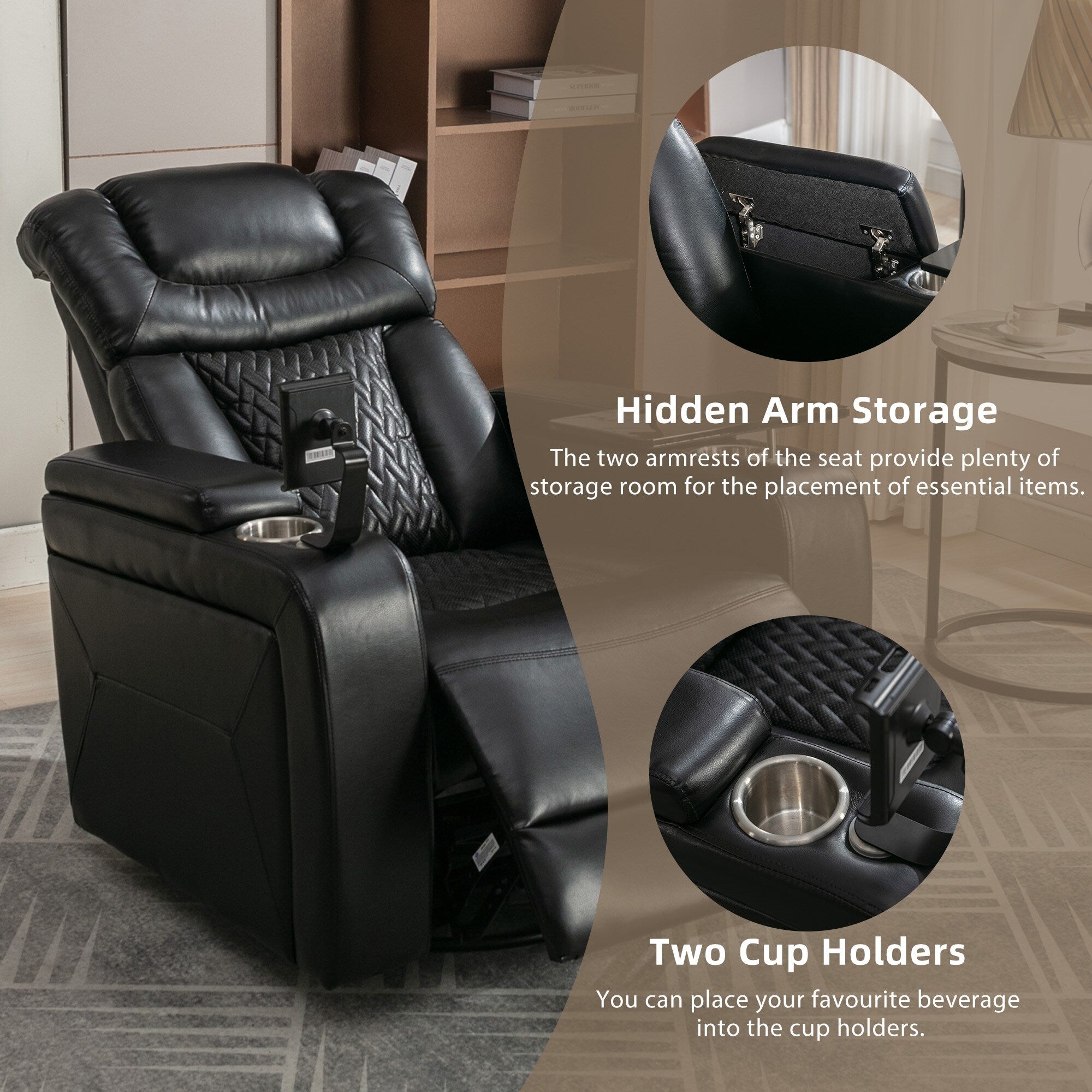 270 Degree Swivel PU Leather Power Recliner Individual Seat Home Theater Recliner with Comforable Backrest, Tray Table
