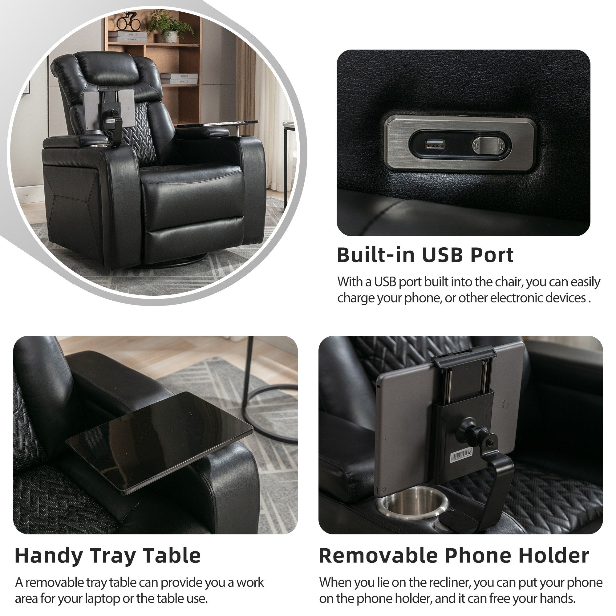 270 Degree Swivel Power Recliner Individual Seat Home Theater Recliner with Tray Table, Phone Holder, Cup Holder, USB Port