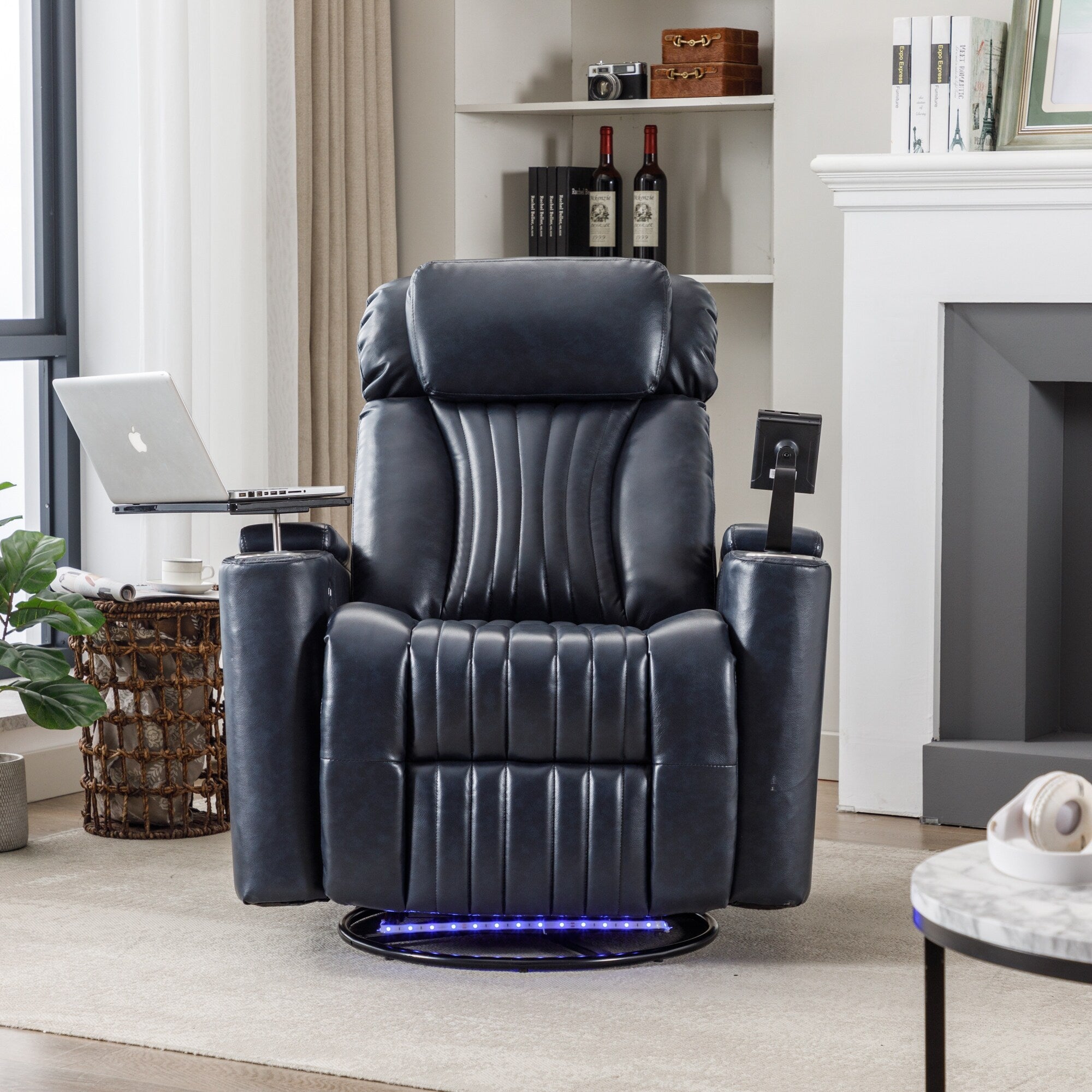 270° Power Swivel Recliner,Home Theater Seating With Hidden Arm Storage and LED Light Strip,Cup Holder