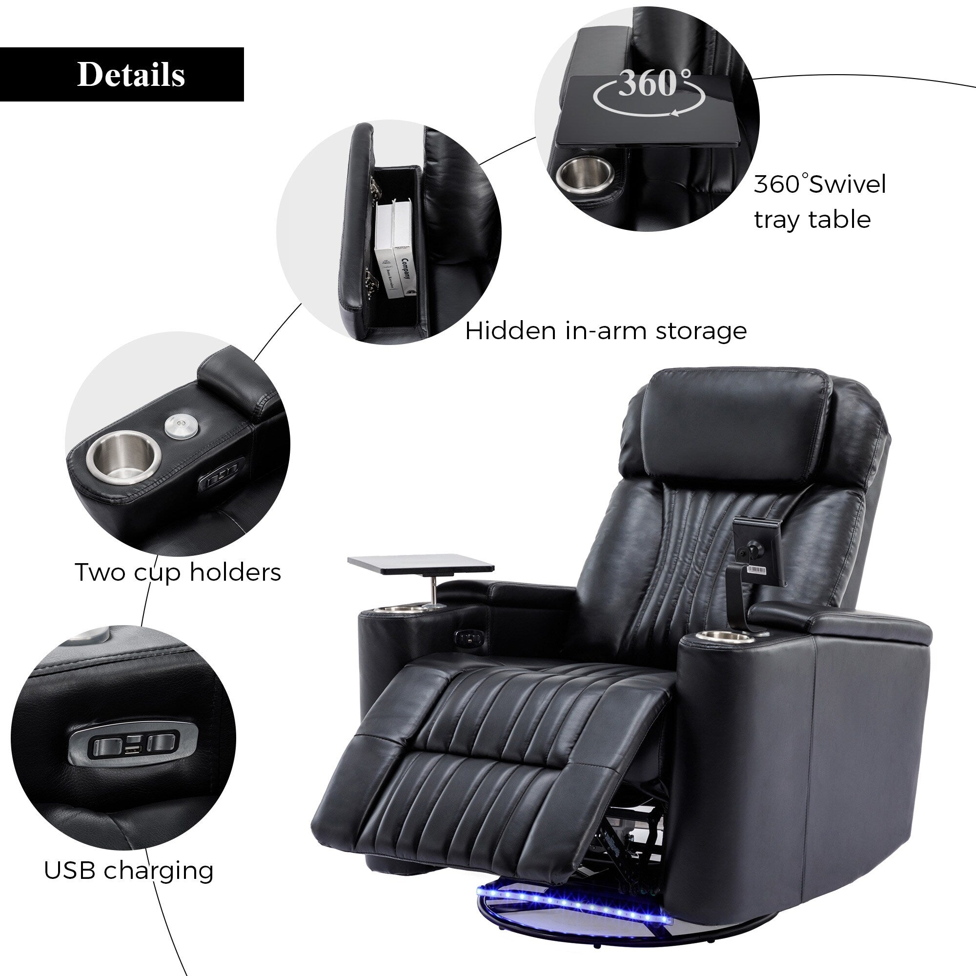 270° Power Swivel Recliner,Home Theater Seating With Hidden Arm Storage and LED Light Strip,Cup Holder
