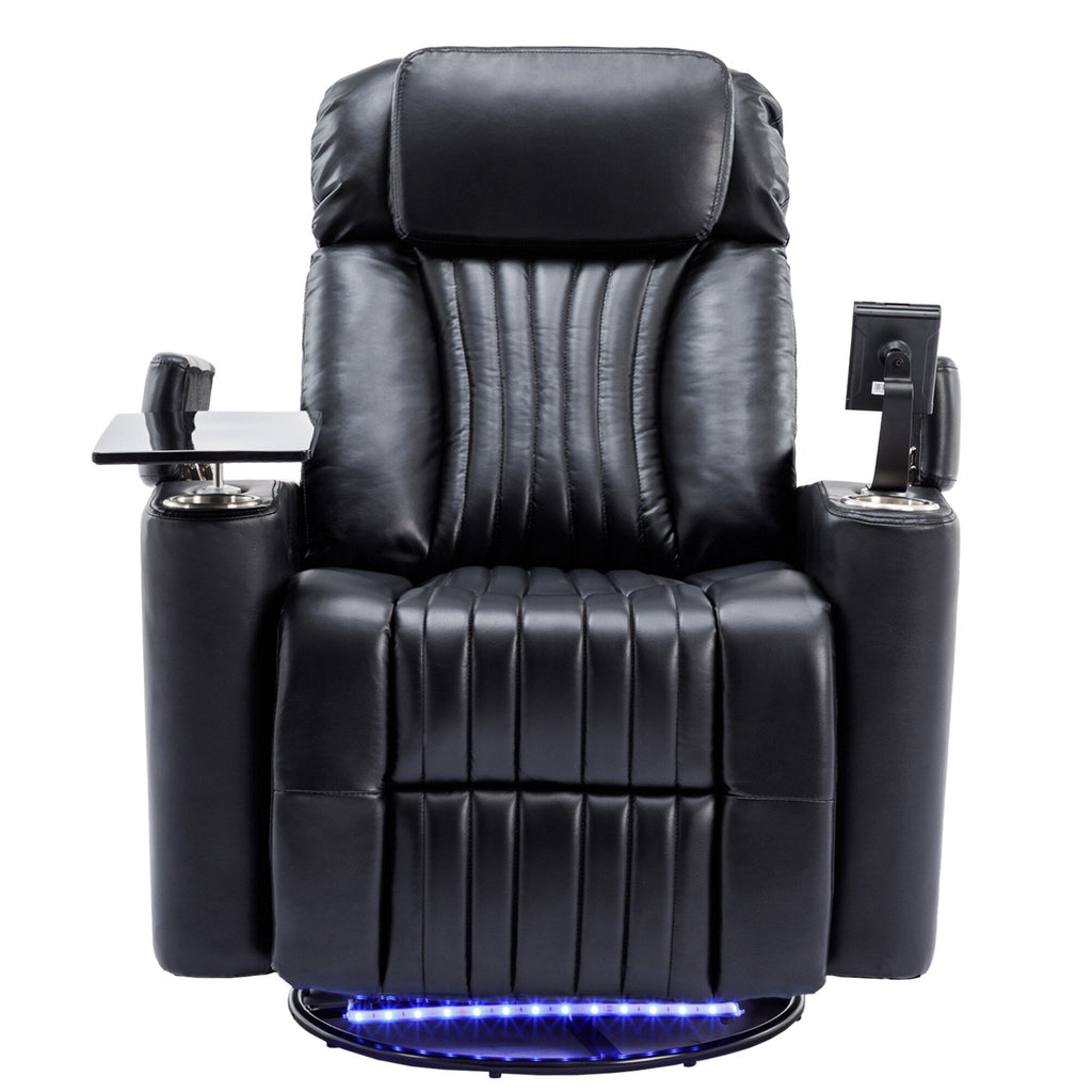 270° Power Swivel Recliner,Home Theater Seating With Hidden Arm Storage and LED Light Strip,Cup Holder