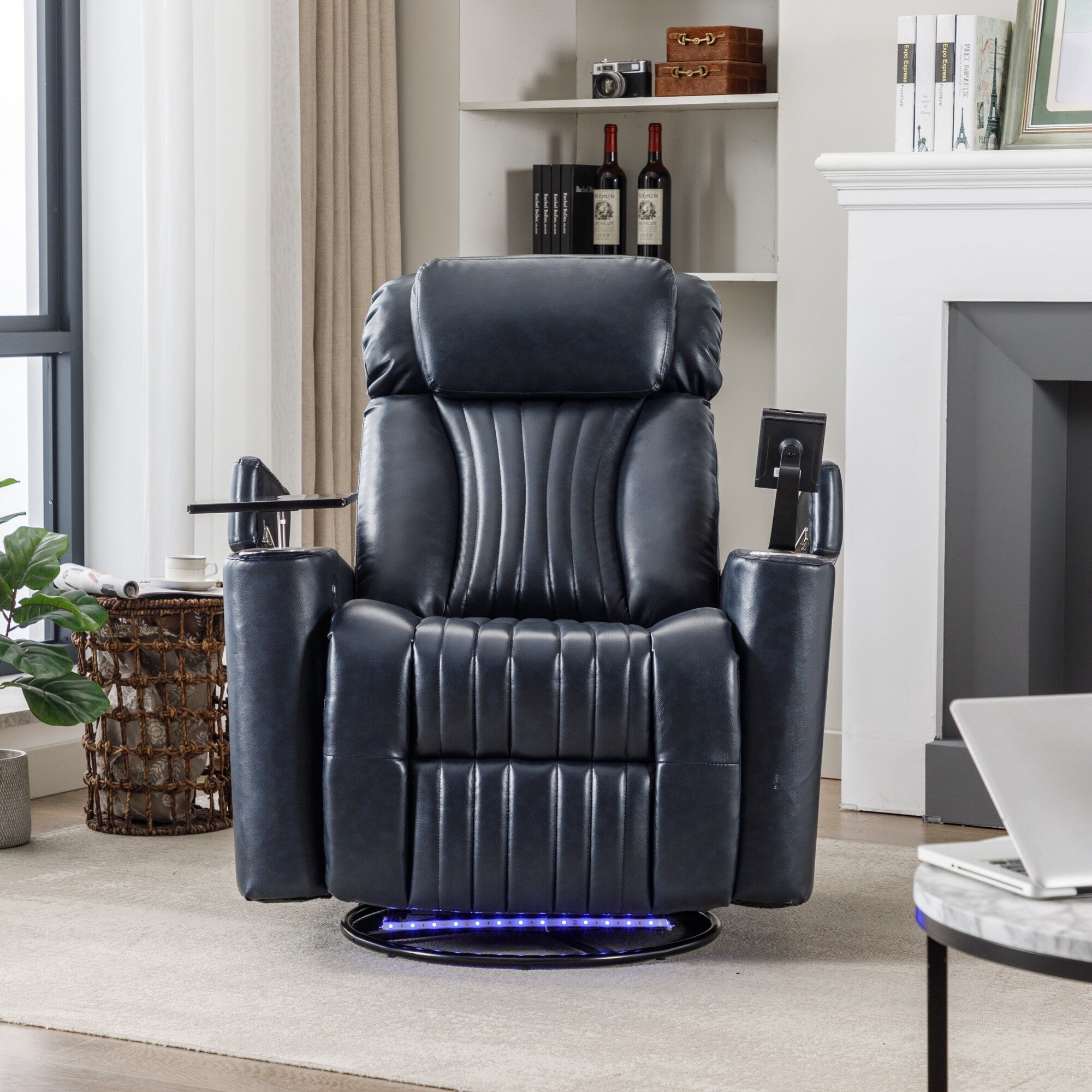 270° Power Swivel Recliner,Home Theater Seating With Hidden Arm Storage and LED Light Strip,Cup Holder