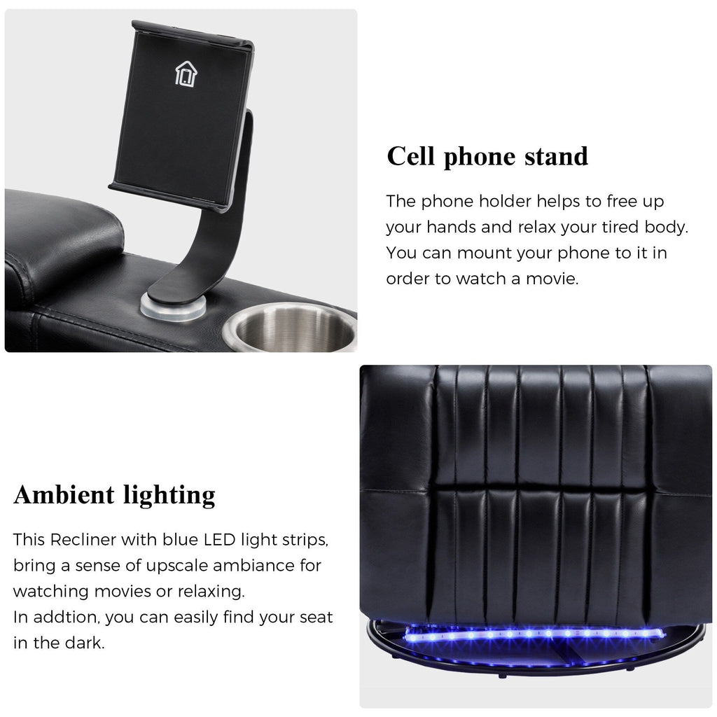 270° Power Swivel Recliner,Home Theater Seating With Hidden Arm Storage and LED Light Strip,Cup Holder