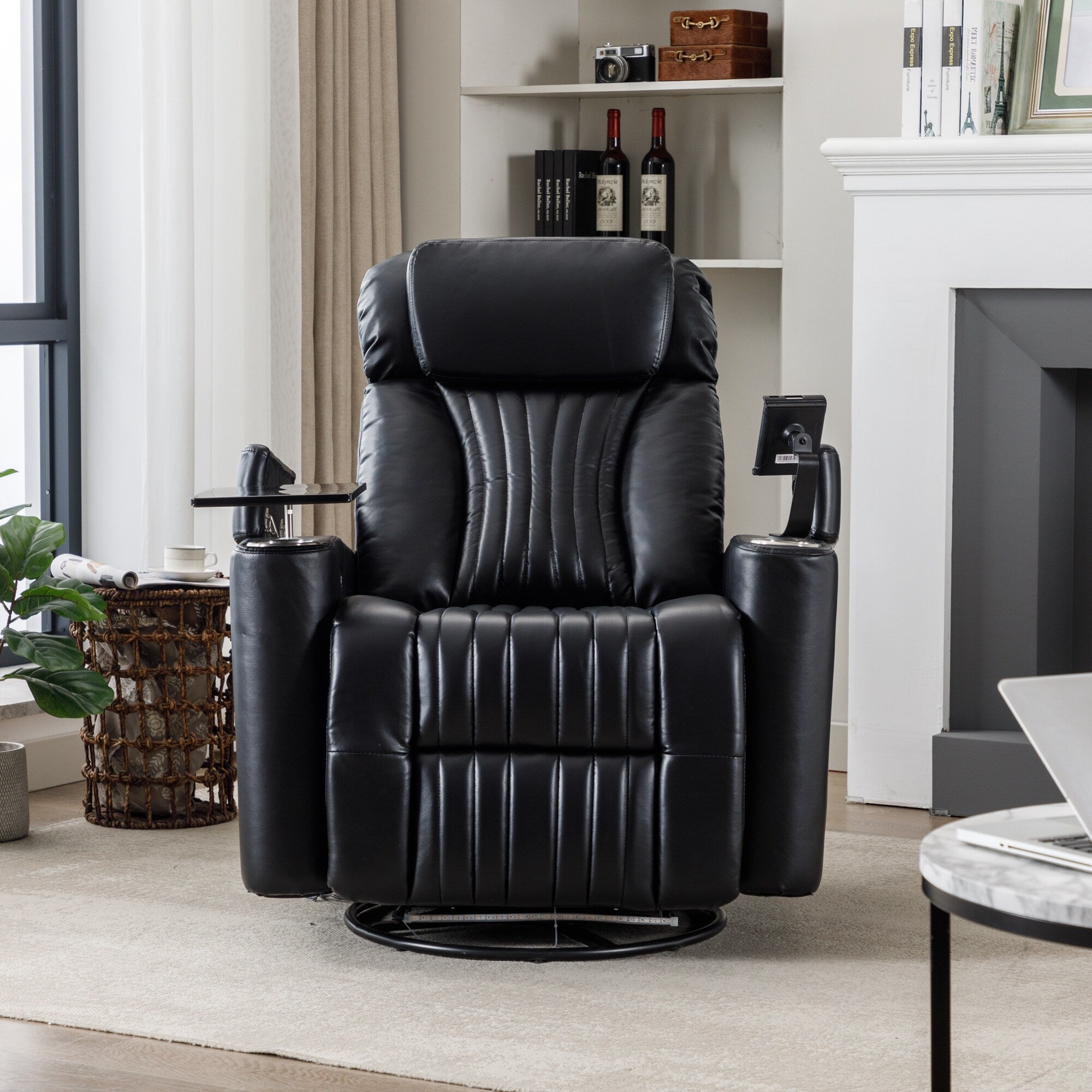 270° Power Swivel Recliner,Home Theater Seating With Hidden Arm Storage and LED Light Strip,Cup Holder