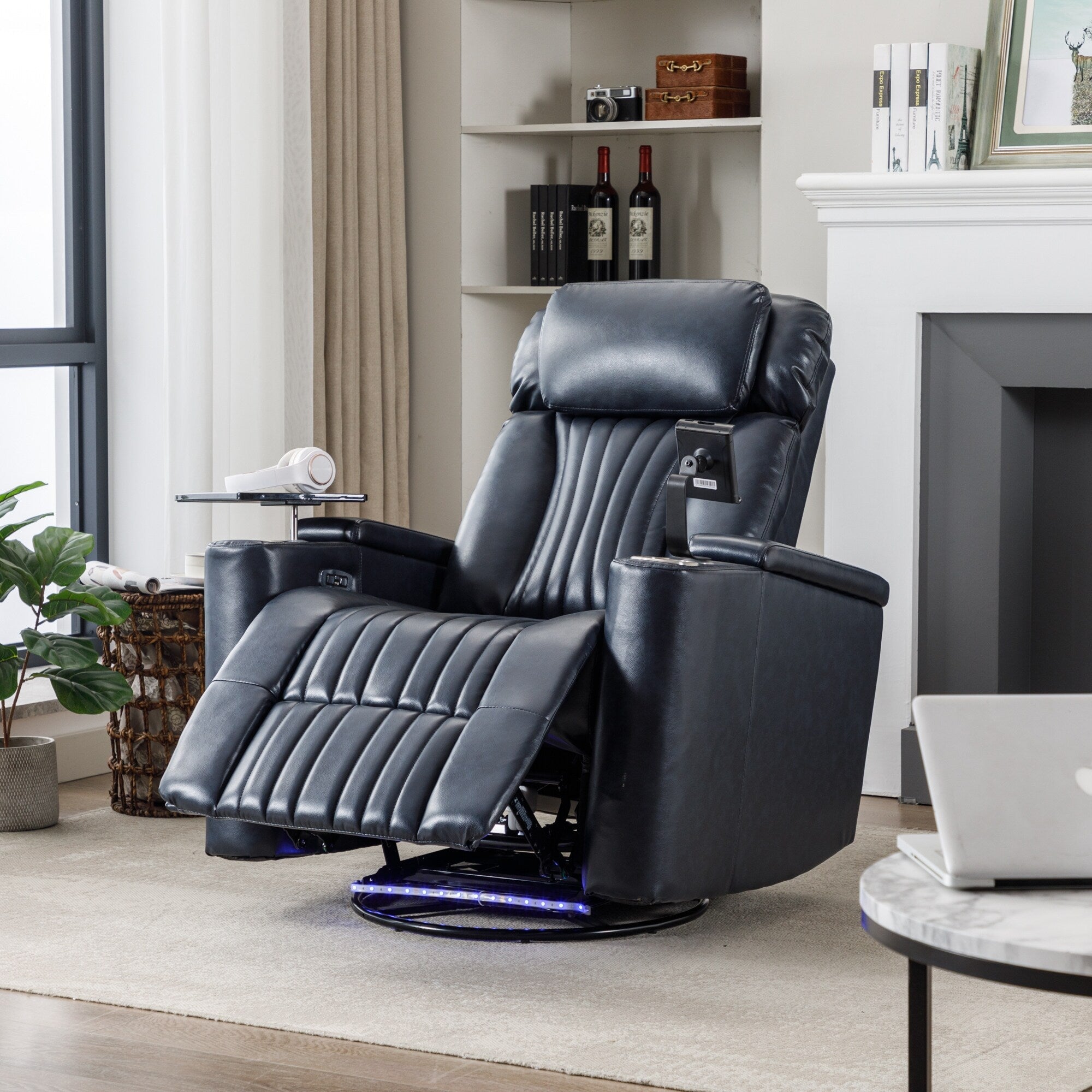 270° Power Swivel Recliner,Home Theater Seating With Hidden Arm Storage and LED Light Strip,Cup Holder