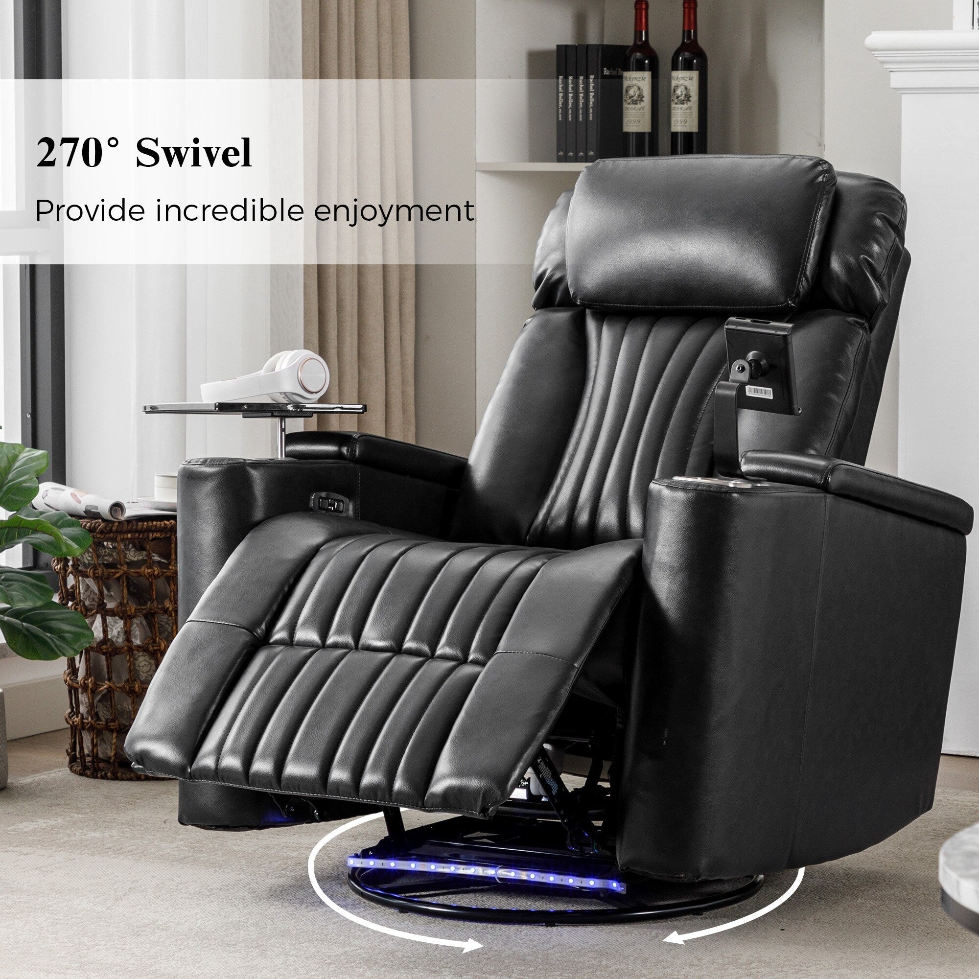 270° Power Swivel Recliner,Home Theater Seating With Hidden Arm Storage and LED Light Strip,Cup Holder