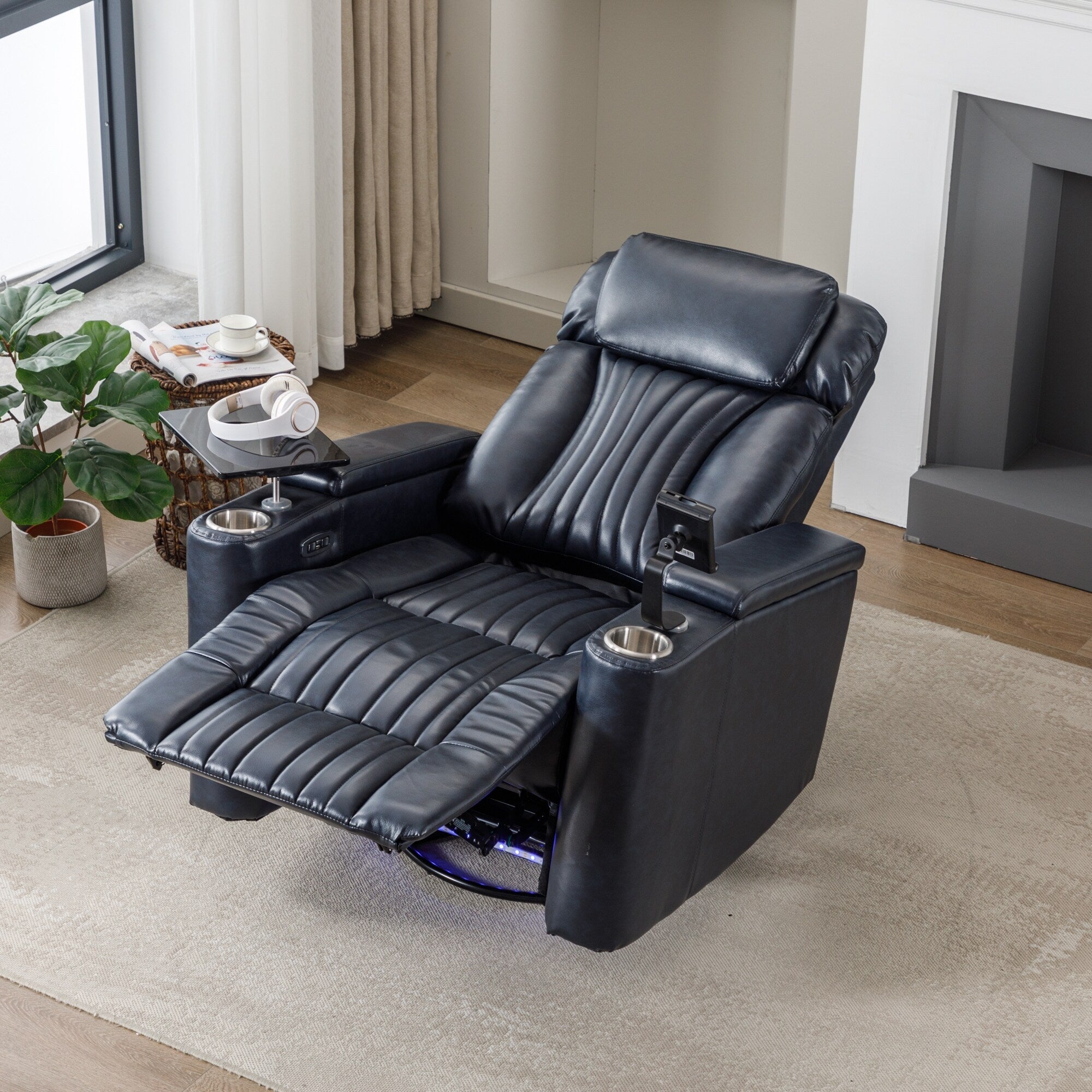 270° Power Swivel Recliner,Home Theater Seating With Hidden Arm Storage and LED Light Strip,Cup Holder