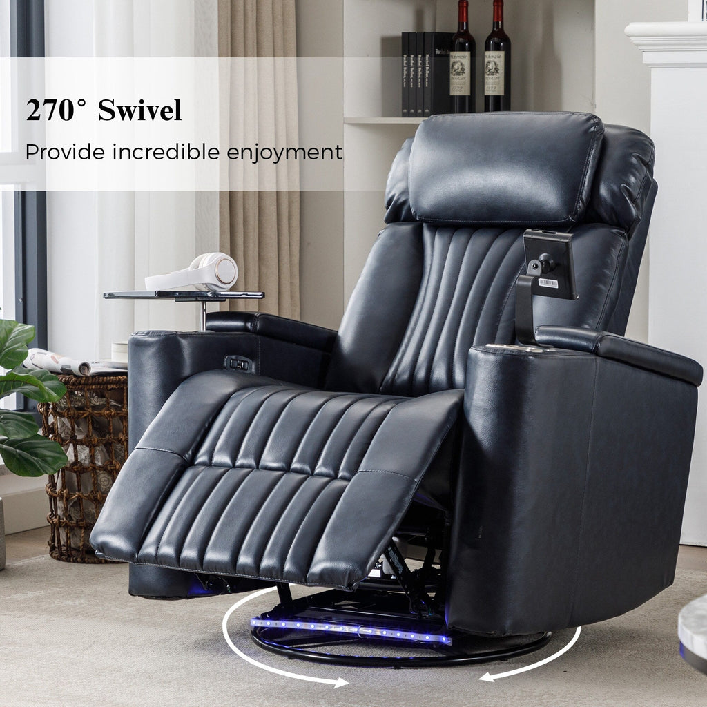 270° Power Swivel Recliner,Home Theater Seating With Hidden Arm Storage and LED Light Strip,Cup Holder