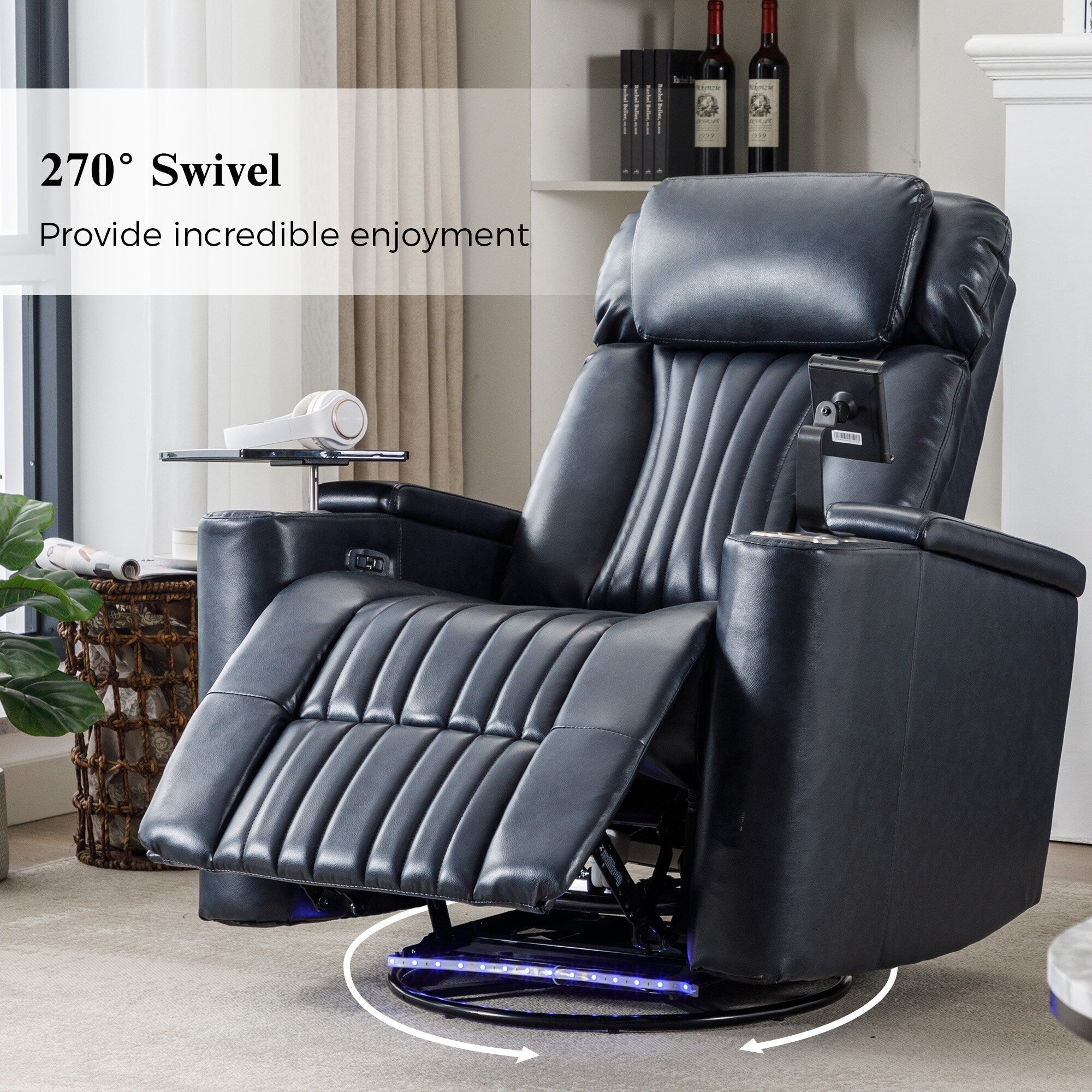 270° Power Swivel Recliner,Home Theater Seating With Hidden Arm Storage and LED Light Strip,Cup Holder
