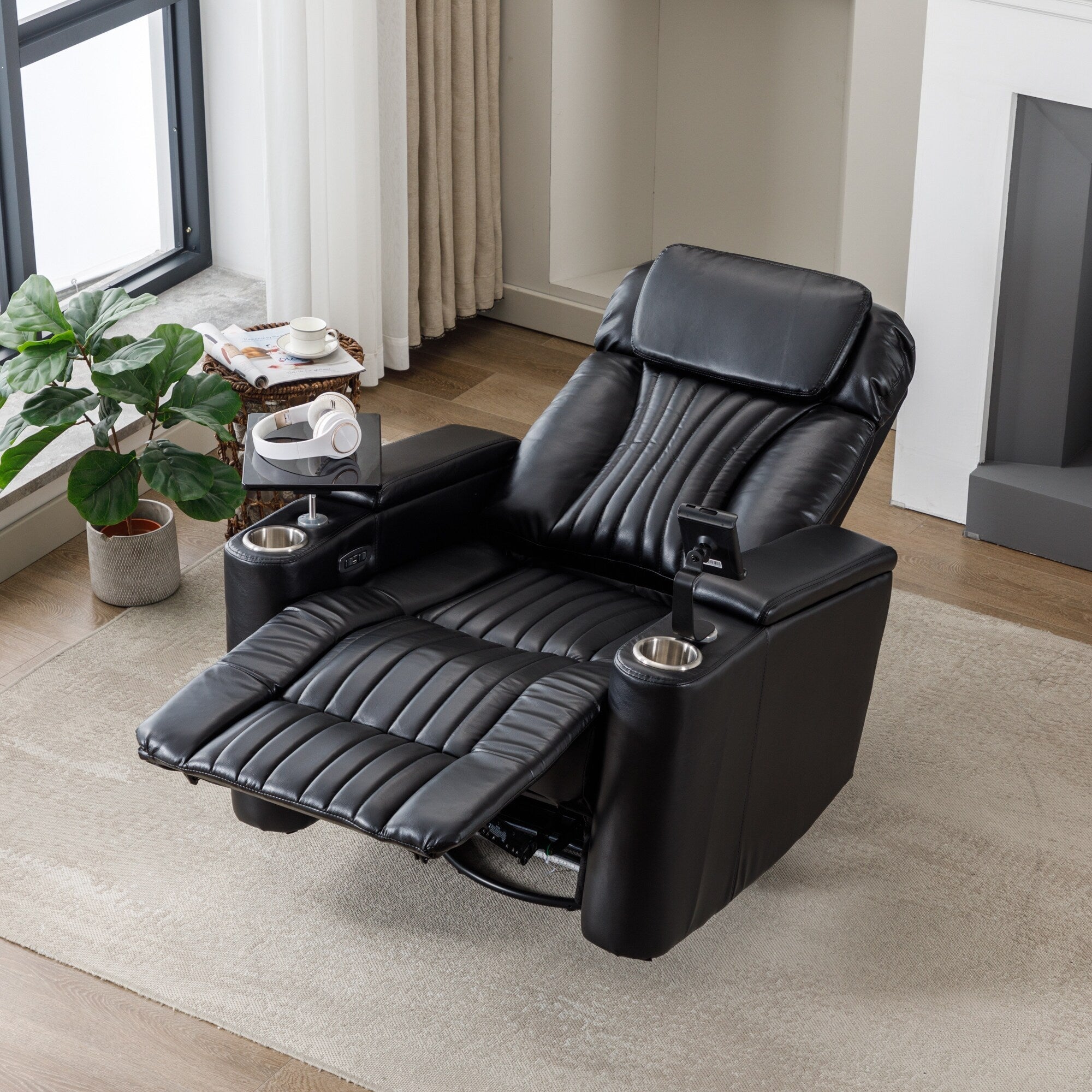 270° Power Swivel Recliner,Home Theater Seating With Hidden Arm Storage and LED Light Strip,Cup Holder