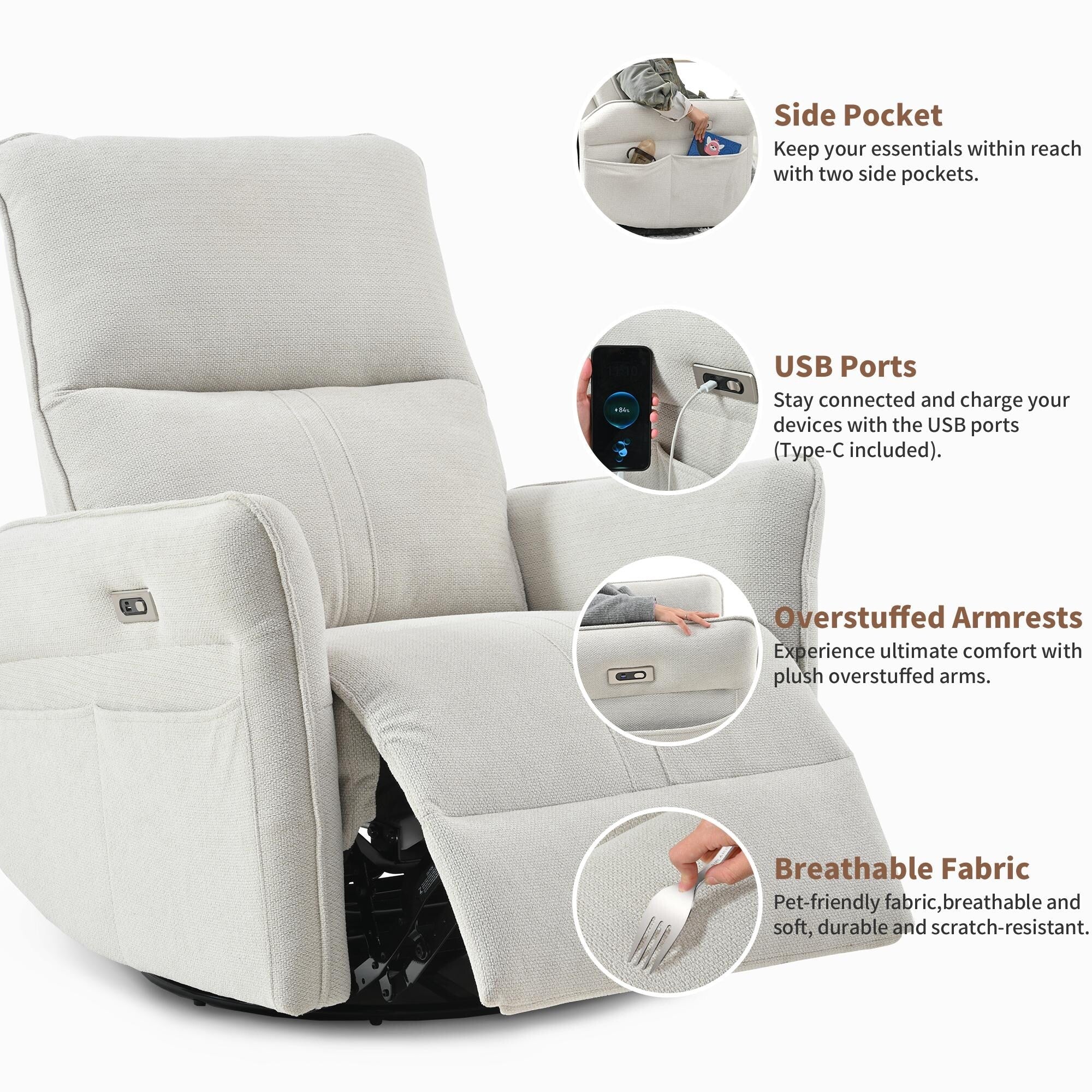 270° Power Swivel Rocker Recliner Chair for Adults, Swivel Rocking Recliner Chair,Electric Small Recliners