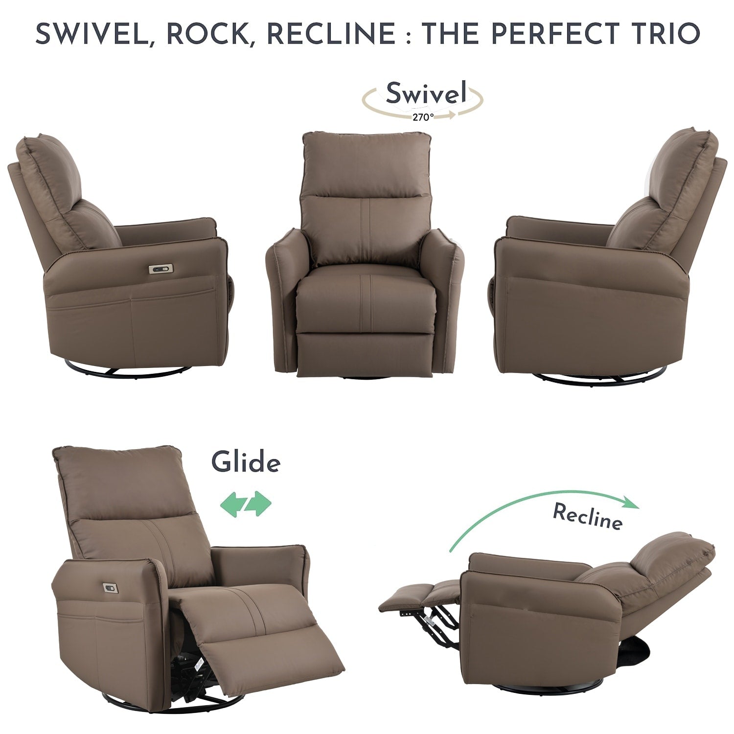270° Power Swivel Rocker Recliner Chair, Electric Glider Reclining Sofa with USB Ports