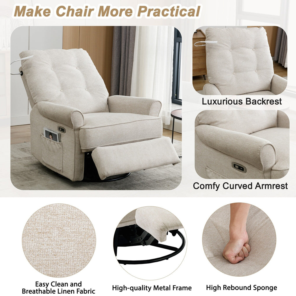 270° Swivel Recliner with USB Ports, Touch Lamp, Side Pocket Storage, and Rocking Base