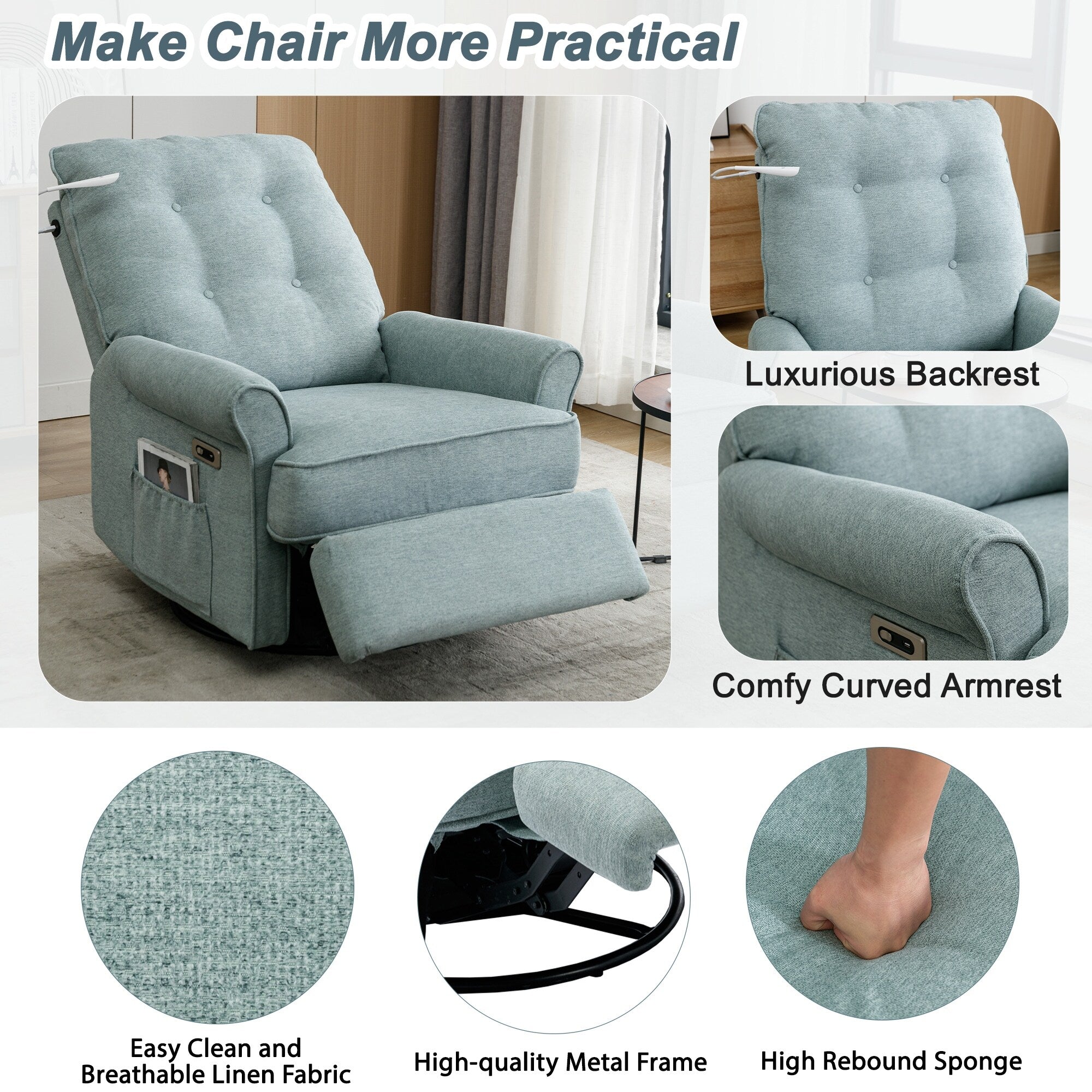 270° Swivel Recliner with USB Ports, Touch Lamp, Side Pocket Storage, and Rocking Base