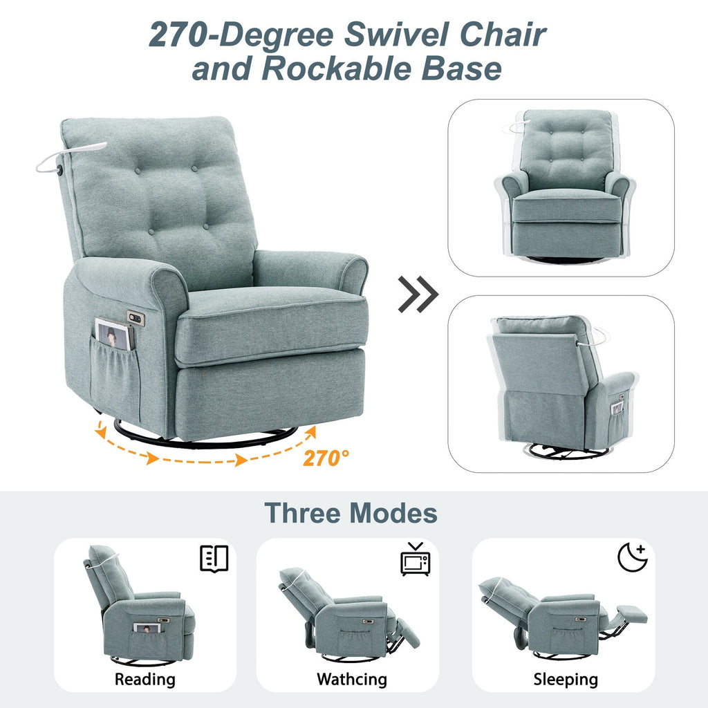 270° Swivel Recliner with USB Ports, Touch Lamp, Side Pocket Storage, and Rocking Base