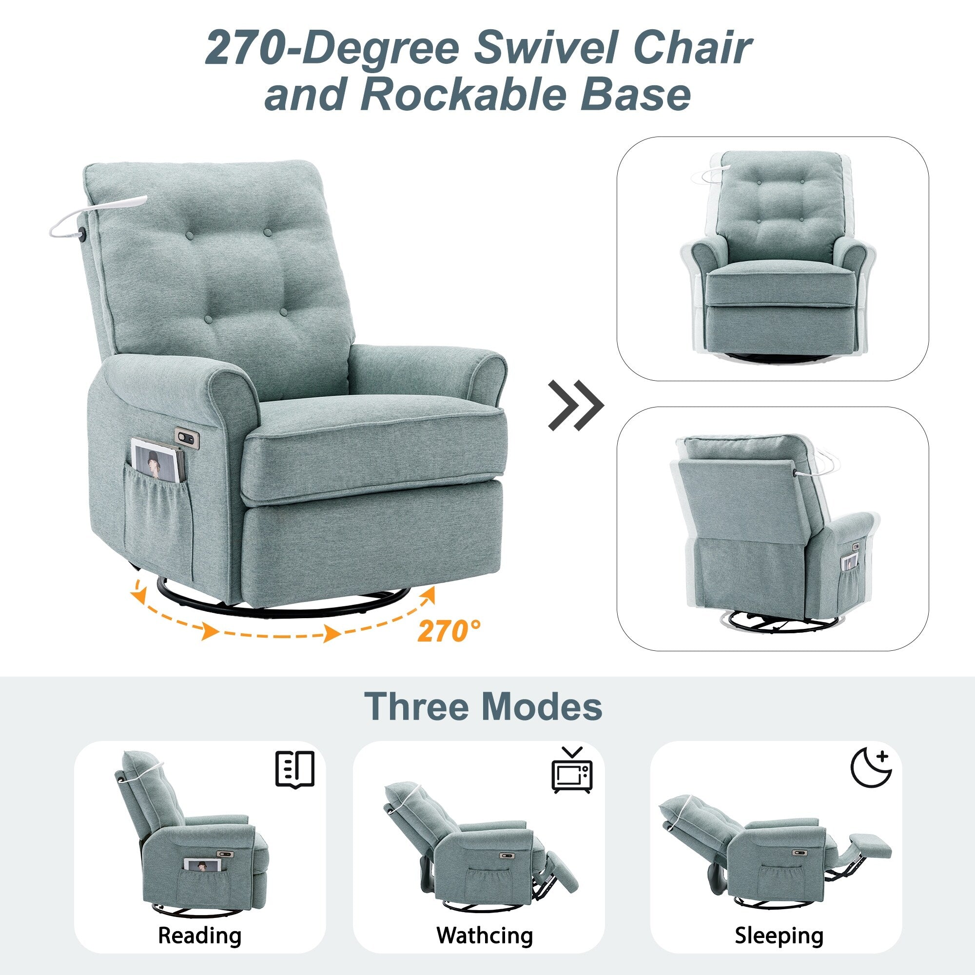 270° Swivel Recliner with USB Ports, Touch Lamp, Side Pocket Storage, and Rocking Base