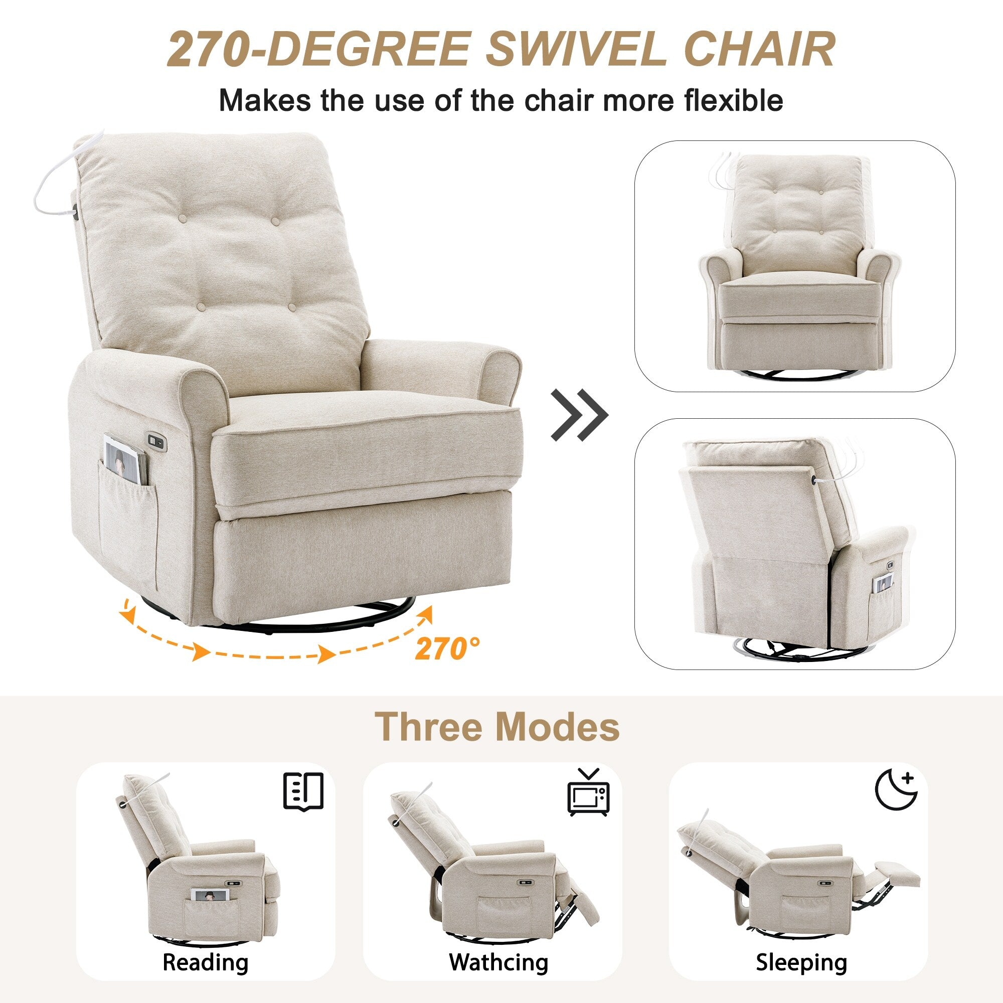 270° Swivel Recliner with USB Ports, Touch Lamp, Side Pocket Storage, and Rocking Base
